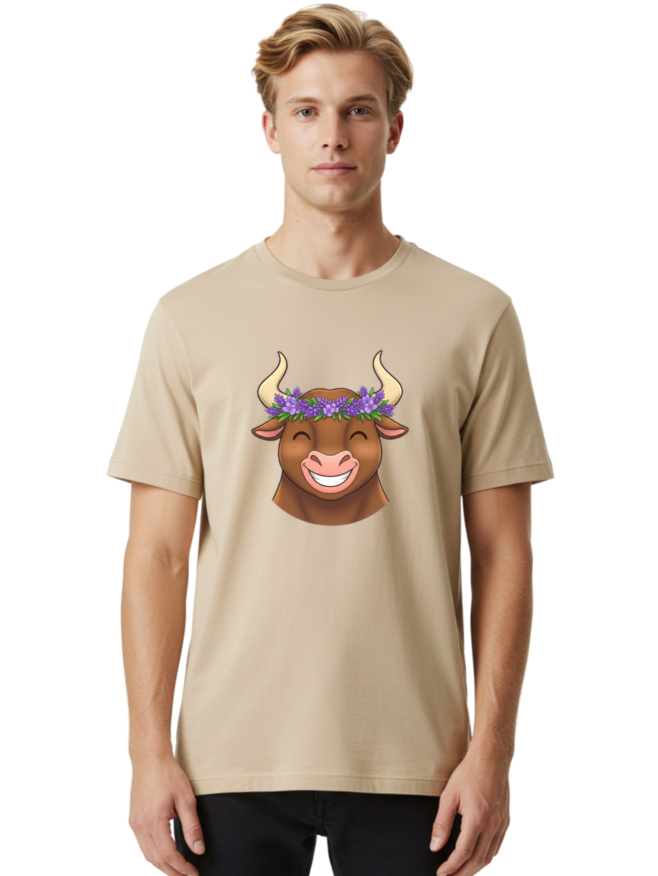 Cow-With-Lavender-Flowers Men'S Graphic Tee, 100% Cotton, Comfortable Casual Summer Wear, Machine Washable, Cartoon Bull Head, Smiling Face, Lavender Flowers, Crown Of Flowers, Happy Animal, Cartoon Character, Bull With Horns, Bae159