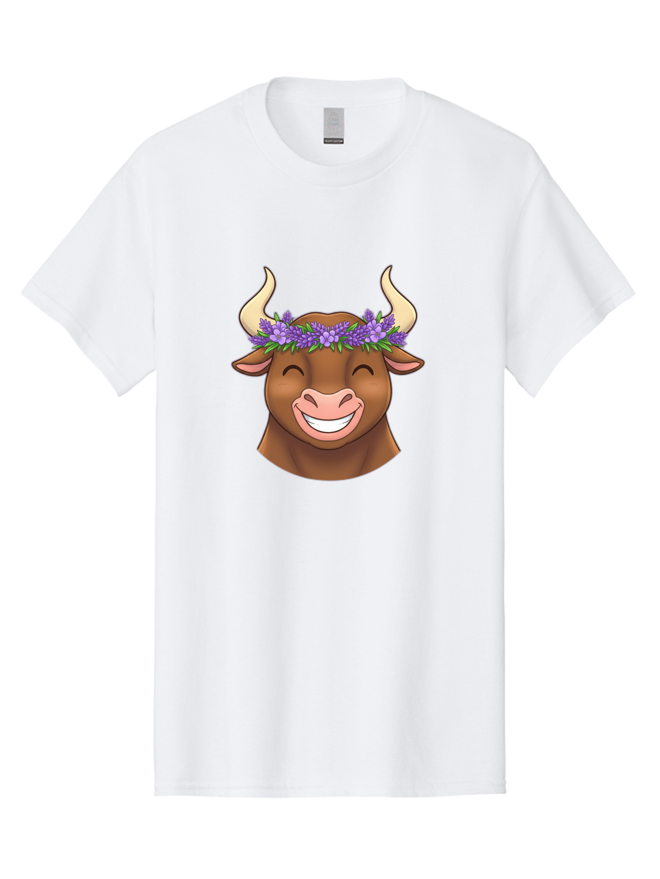 Cow-With-Lavender-Flowers Men'S Graphic Tee, 100% Cotton, Comfortable Casual Summer Wear, Machine Washable, Cartoon Bull Head, Smiling Face, Lavender Flowers, Crown Of Flowers, Happy Animal, Cartoon Character, Bull With Horns, Bae159