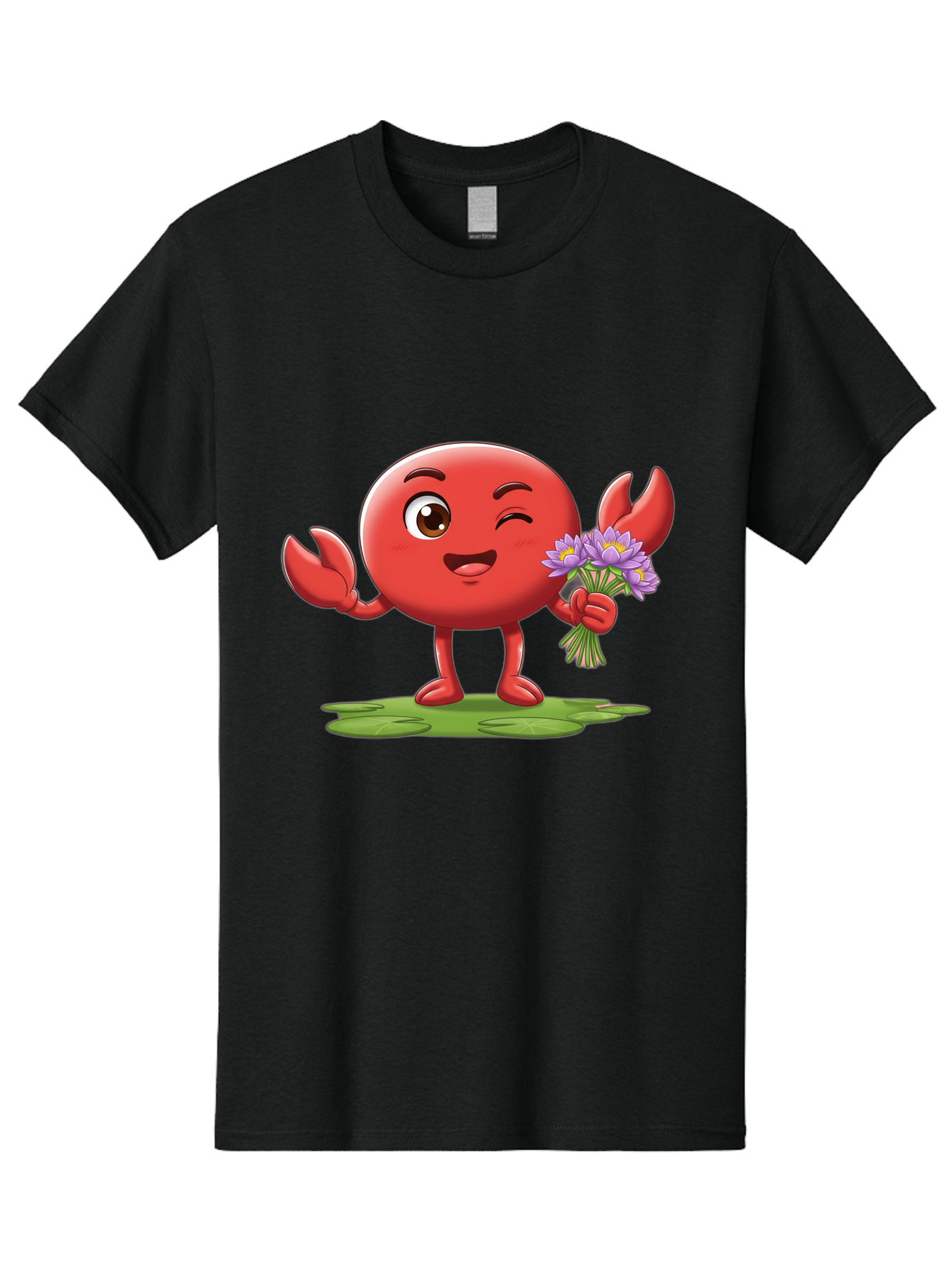 Crab-Character Men'S Graphic Tee, 100% Cotton, Comfortable Casual Summer Wear, Machine Washable, Cartoon Crab, Round Body, Red Crustacean, Happy Expression, Winking Eye, Waving Claw, Holding Flowers, Purple Blooms, Green Lily Pad, Bae160