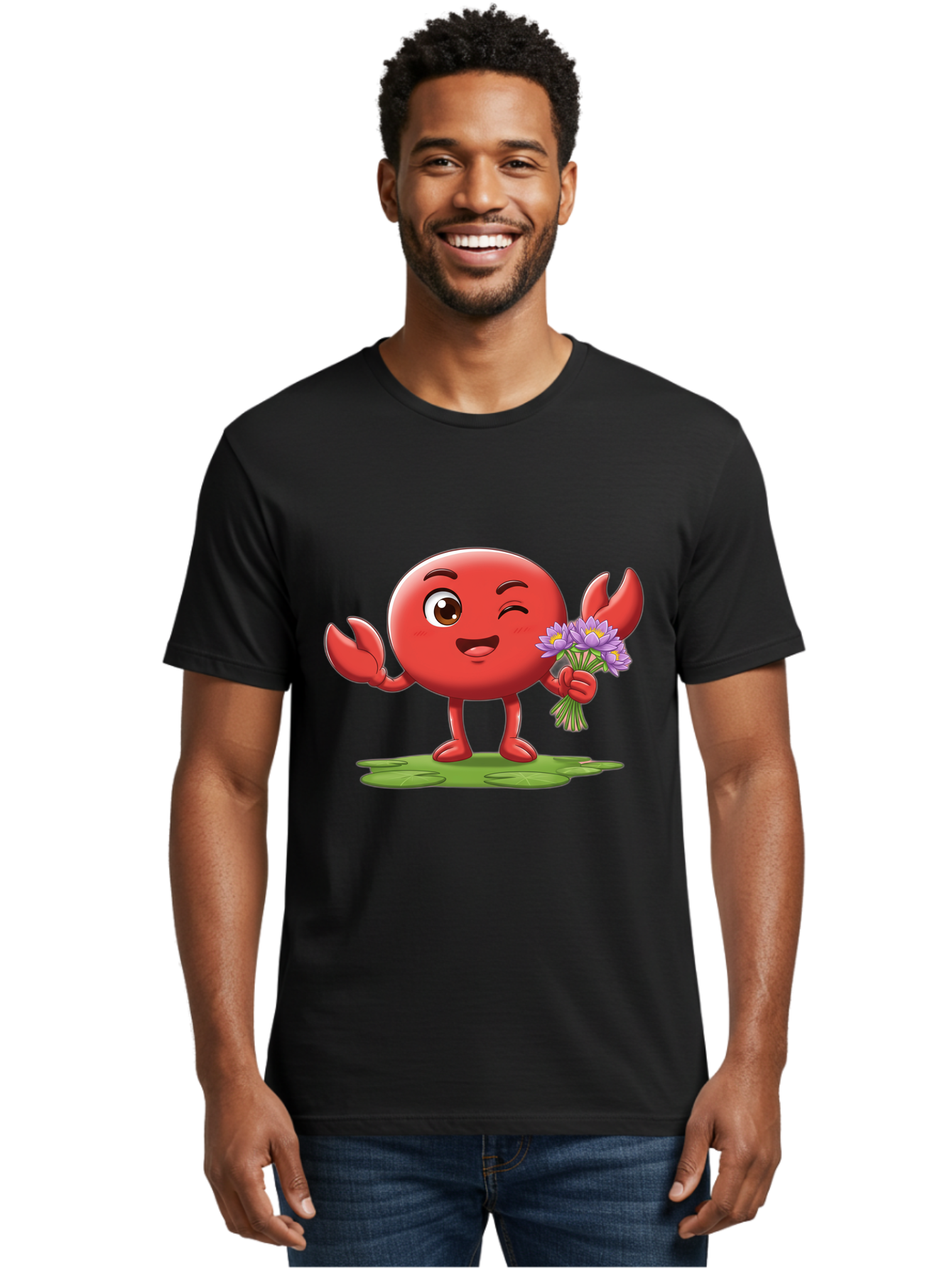 Crab-Character Men'S Graphic Tee, 100% Cotton, Comfortable Casual Summer Wear, Machine Washable, Cartoon Crab, Round Body, Red Crustacean, Happy Expression, Winking Eye, Waving Claw, Holding Flowers, Purple Blooms, Green Lily Pad, Bae160