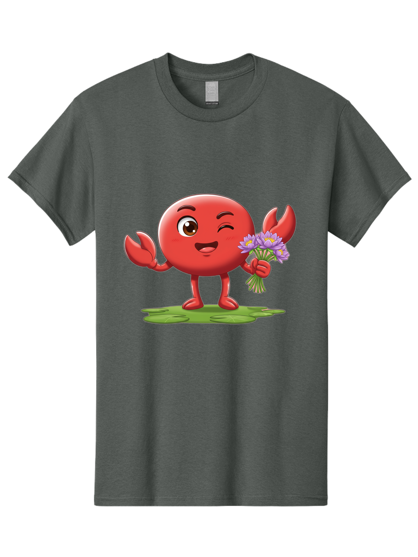 Crab-Character Men'S Graphic Tee, 100% Cotton, Comfortable Casual Summer Wear, Machine Washable, Cartoon Crab, Round Body, Red Crustacean, Happy Expression, Winking Eye, Waving Claw, Holding Flowers, Purple Blooms, Green Lily Pad, Bae160