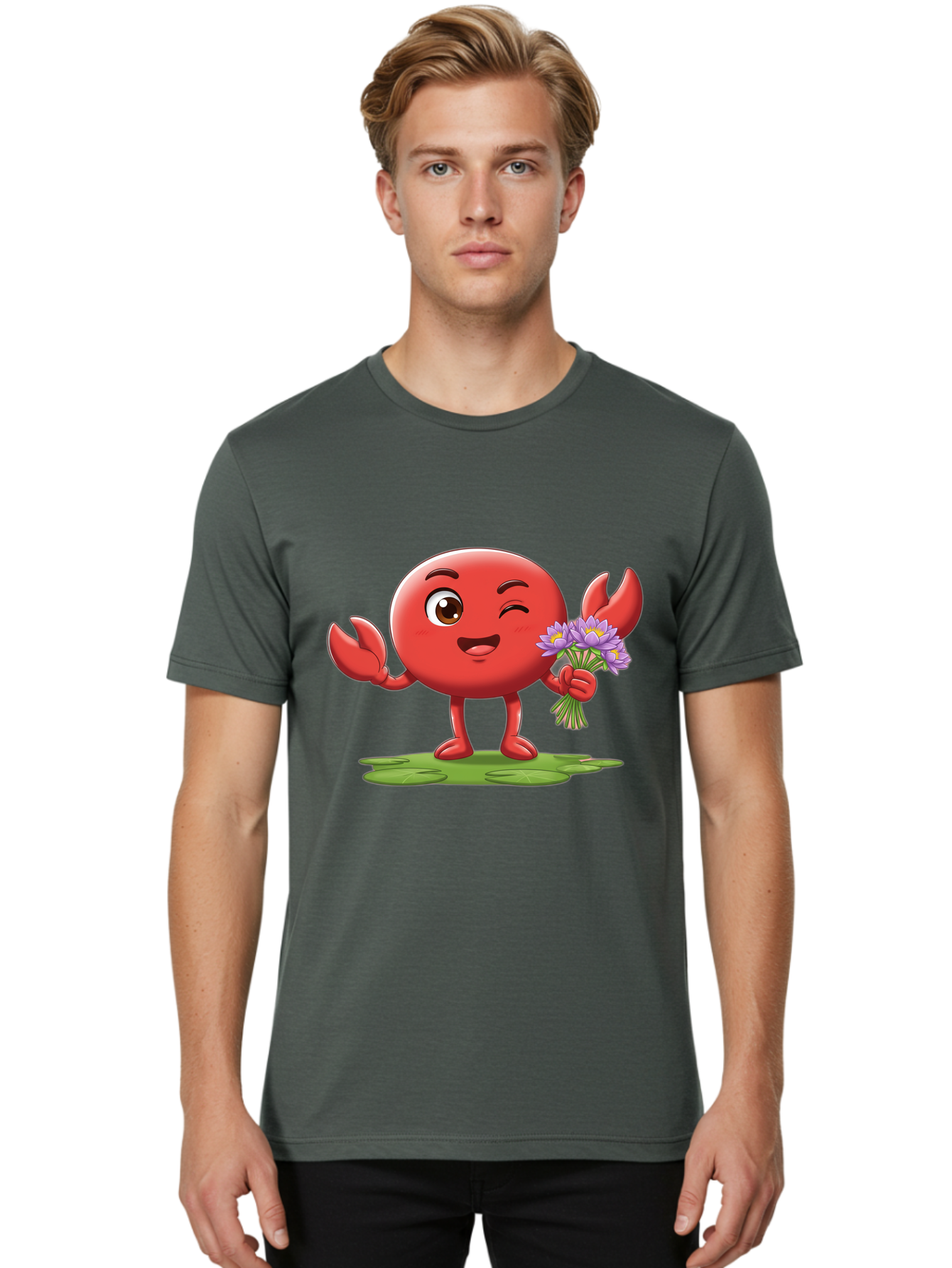 Crab-Character Men'S Graphic Tee, 100% Cotton, Comfortable Casual Summer Wear, Machine Washable, Cartoon Crab, Round Body, Red Crustacean, Happy Expression, Winking Eye, Waving Claw, Holding Flowers, Purple Blooms, Green Lily Pad, Bae160
