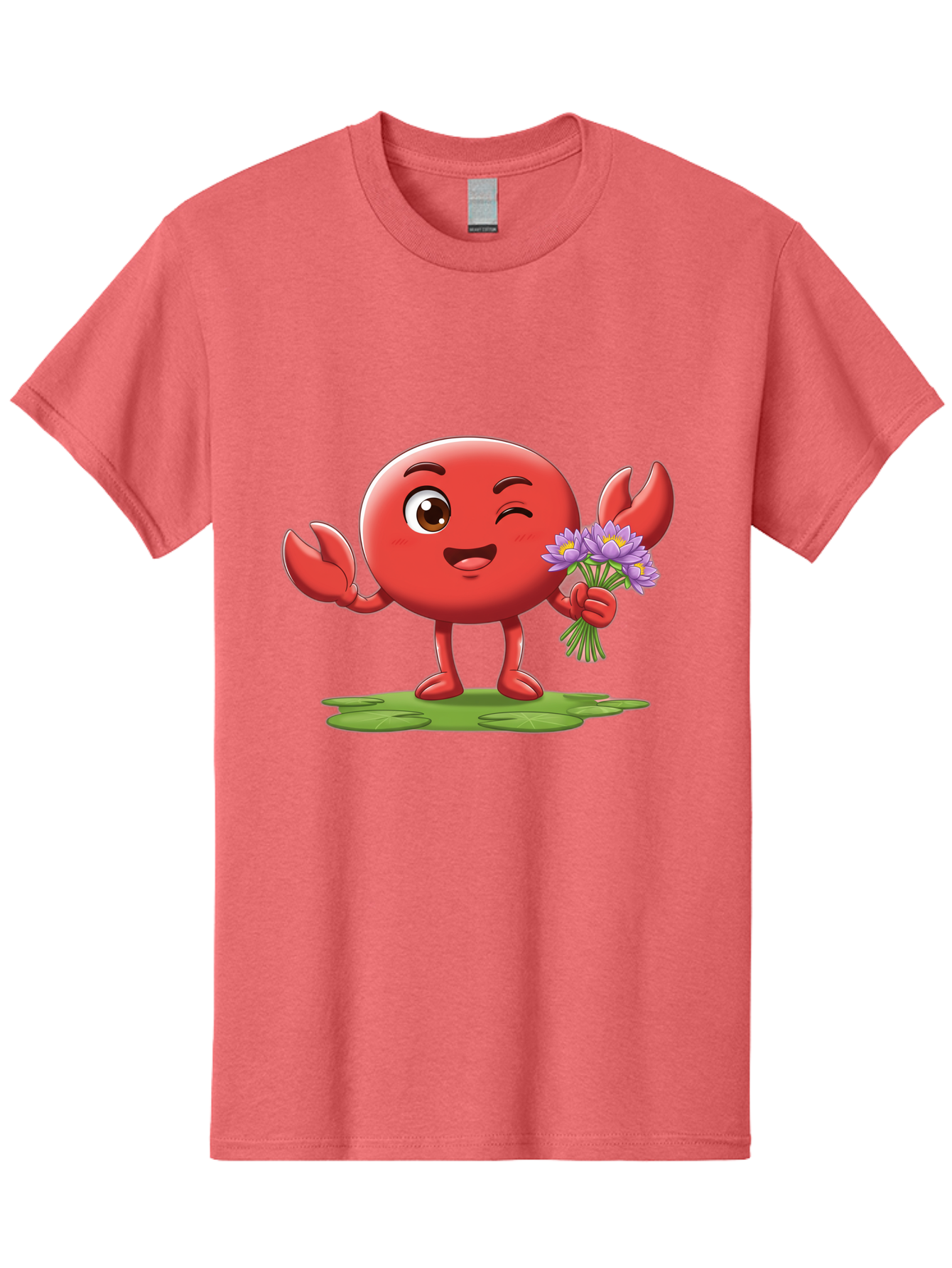 Crab-Character Men'S Graphic Tee, 100% Cotton, Comfortable Casual Summer Wear, Machine Washable, Cartoon Crab, Round Body, Red Crustacean, Happy Expression, Winking Eye, Waving Claw, Holding Flowers, Purple Blooms, Green Lily Pad, Bae160