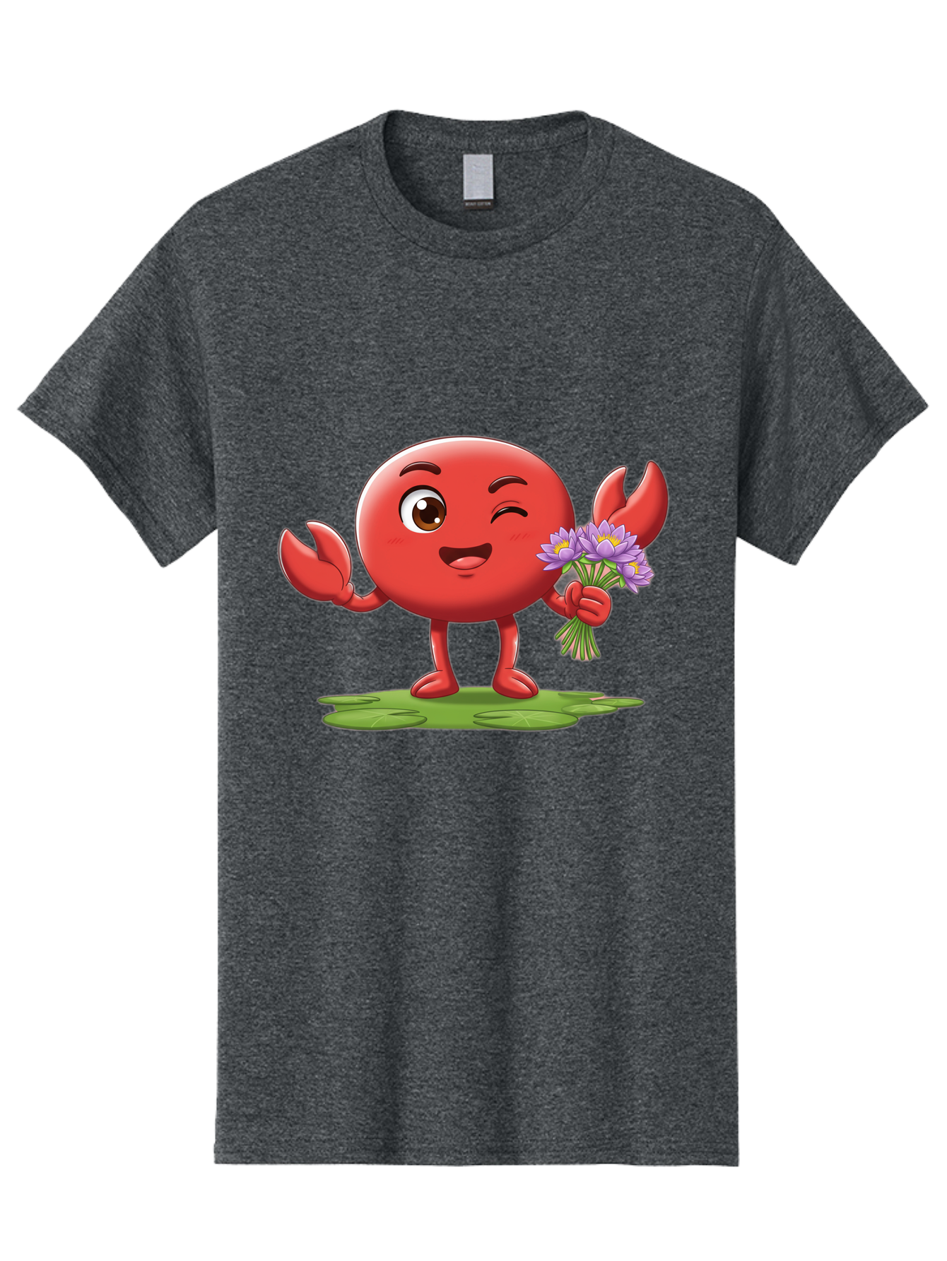 Crab-Character Men'S Graphic Tee, 100% Cotton, Comfortable Casual Summer Wear, Machine Washable, Cartoon Crab, Round Body, Red Crustacean, Happy Expression, Winking Eye, Waving Claw, Holding Flowers, Purple Blooms, Green Lily Pad, Bae160