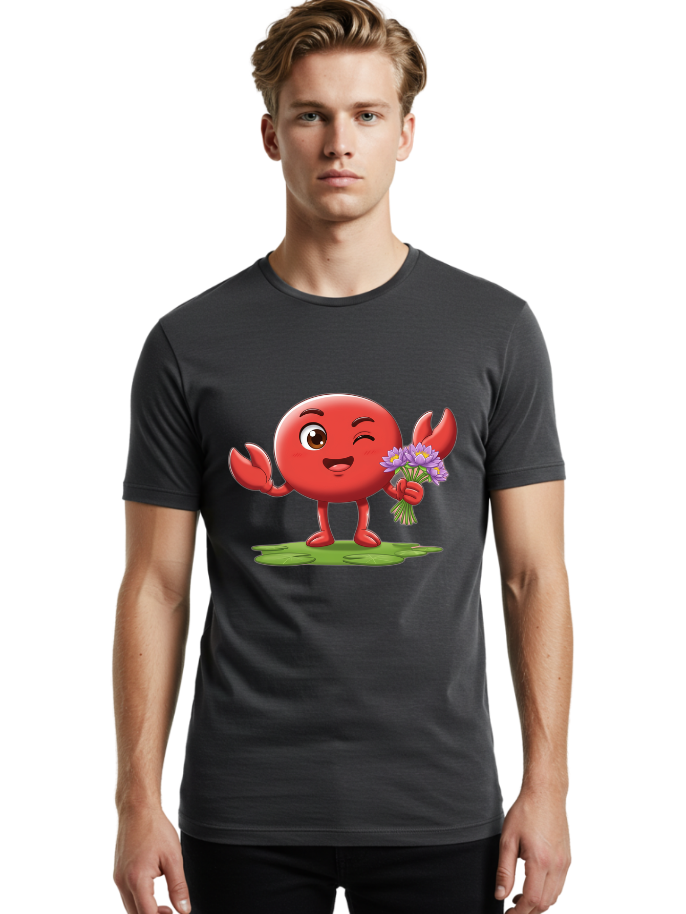 Crab-Character Men'S Graphic Tee, 100% Cotton, Comfortable Casual Summer Wear, Machine Washable, Cartoon Crab, Round Body, Red Crustacean, Happy Expression, Winking Eye, Waving Claw, Holding Flowers, Purple Blooms, Green Lily Pad, Bae160