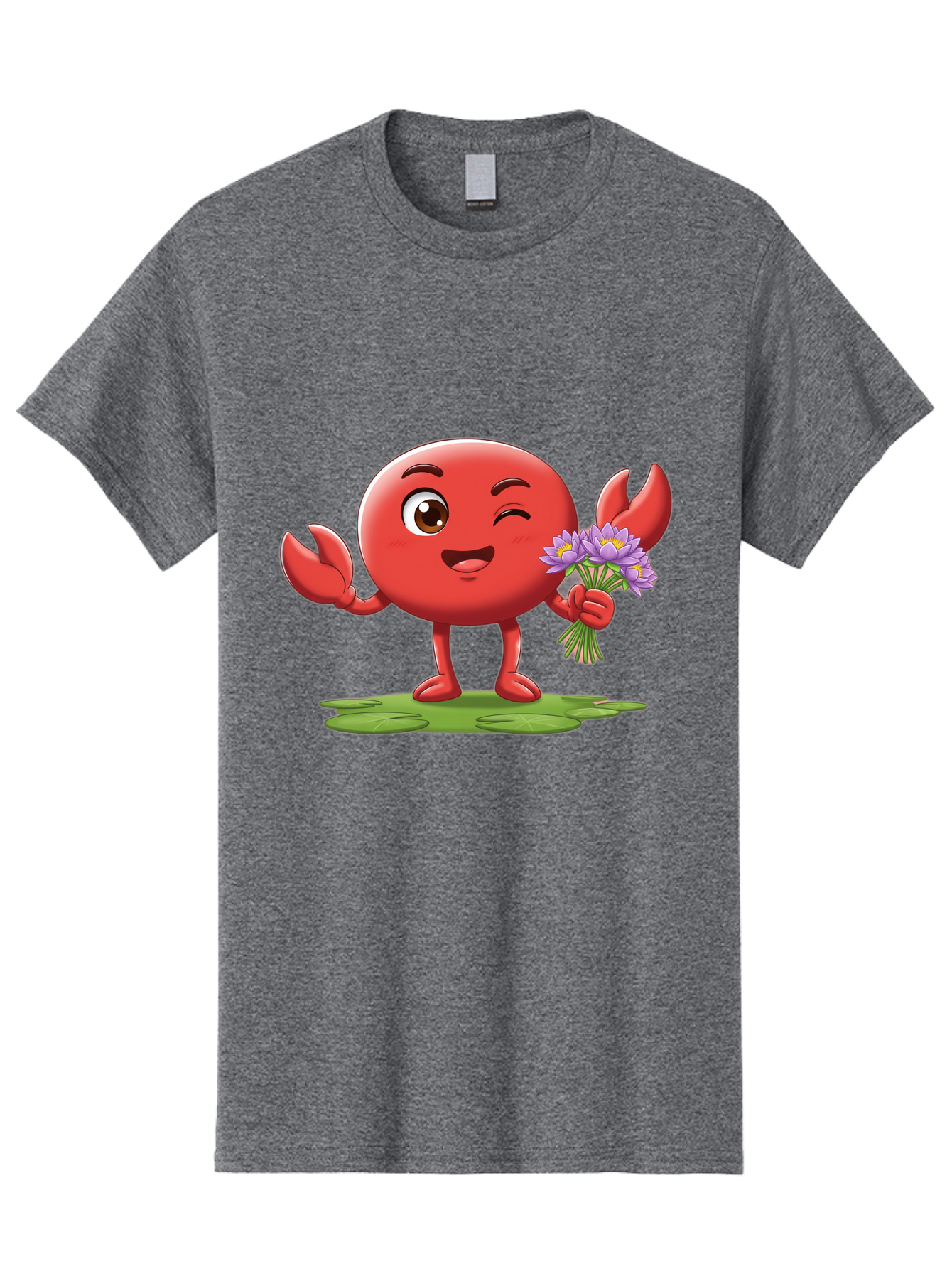 Crab-Character Men'S Graphic Tee, 100% Cotton, Comfortable Casual Summer Wear, Machine Washable, Cartoon Crab, Round Body, Red Crustacean, Happy Expression, Winking Eye, Waving Claw, Holding Flowers, Purple Blooms, Green Lily Pad, Bae160
