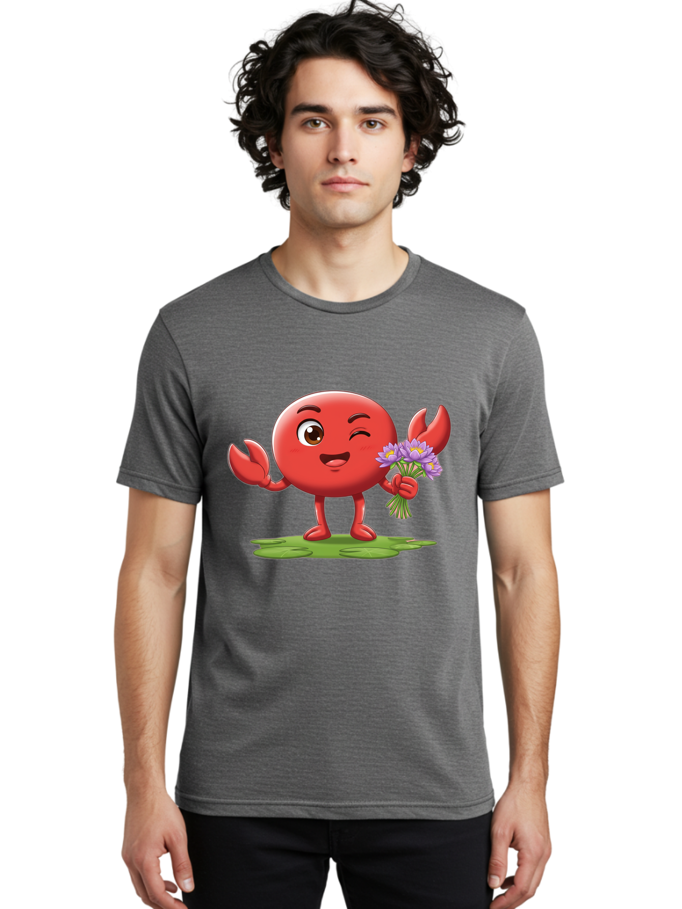 Crab-Character Men'S Graphic Tee, 100% Cotton, Comfortable Casual Summer Wear, Machine Washable, Cartoon Crab, Round Body, Red Crustacean, Happy Expression, Winking Eye, Waving Claw, Holding Flowers, Purple Blooms, Green Lily Pad, Bae160
