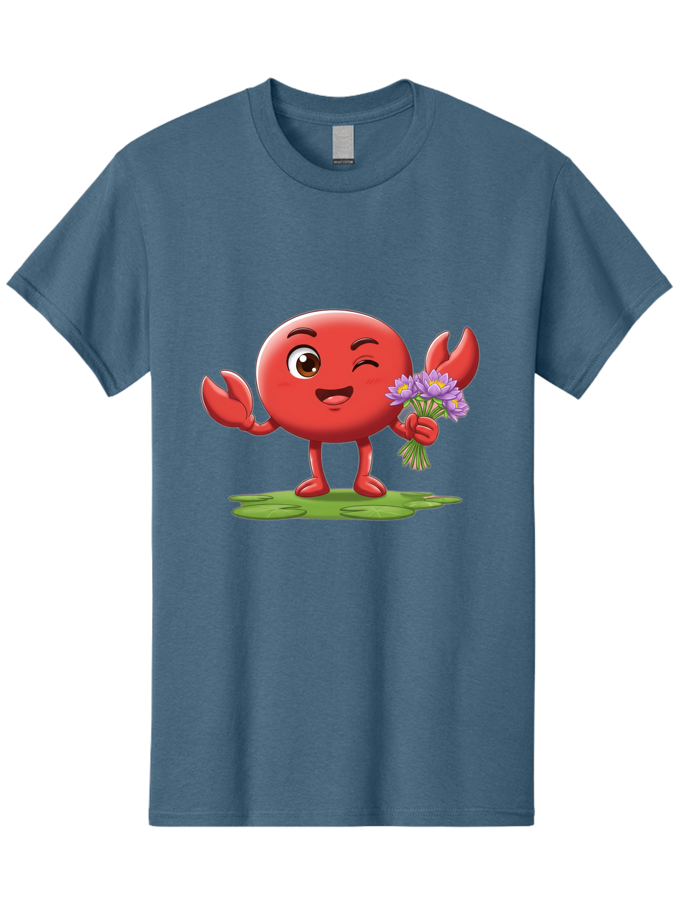 Crab-Character Men'S Graphic Tee, 100% Cotton, Comfortable Casual Summer Wear, Machine Washable, Cartoon Crab, Round Body, Red Crustacean, Happy Expression, Winking Eye, Waving Claw, Holding Flowers, Purple Blooms, Green Lily Pad, Bae160