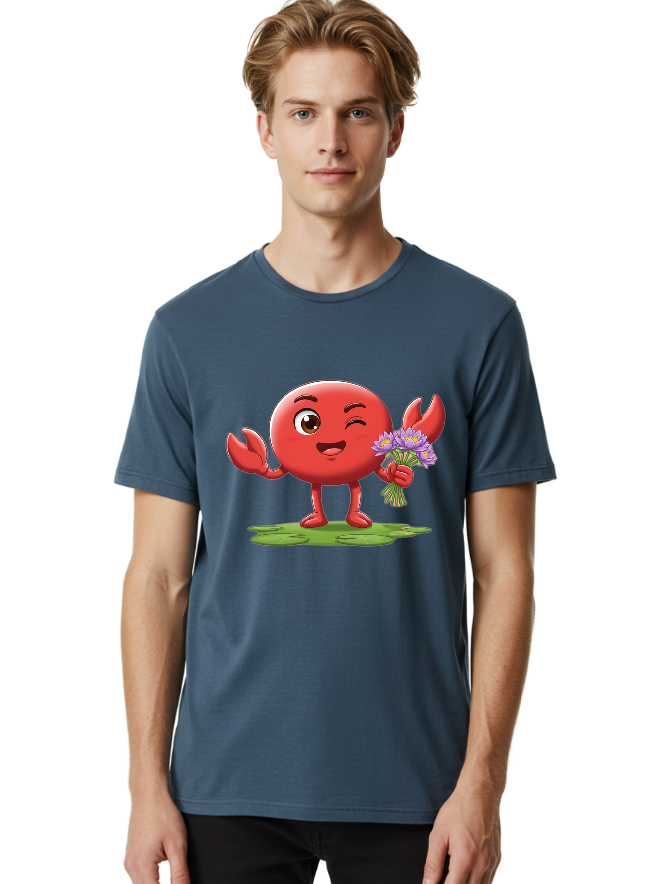 Crab-Character Men'S Graphic Tee, 100% Cotton, Comfortable Casual Summer Wear, Machine Washable, Cartoon Crab, Round Body, Red Crustacean, Happy Expression, Winking Eye, Waving Claw, Holding Flowers, Purple Blooms, Green Lily Pad, Bae160
