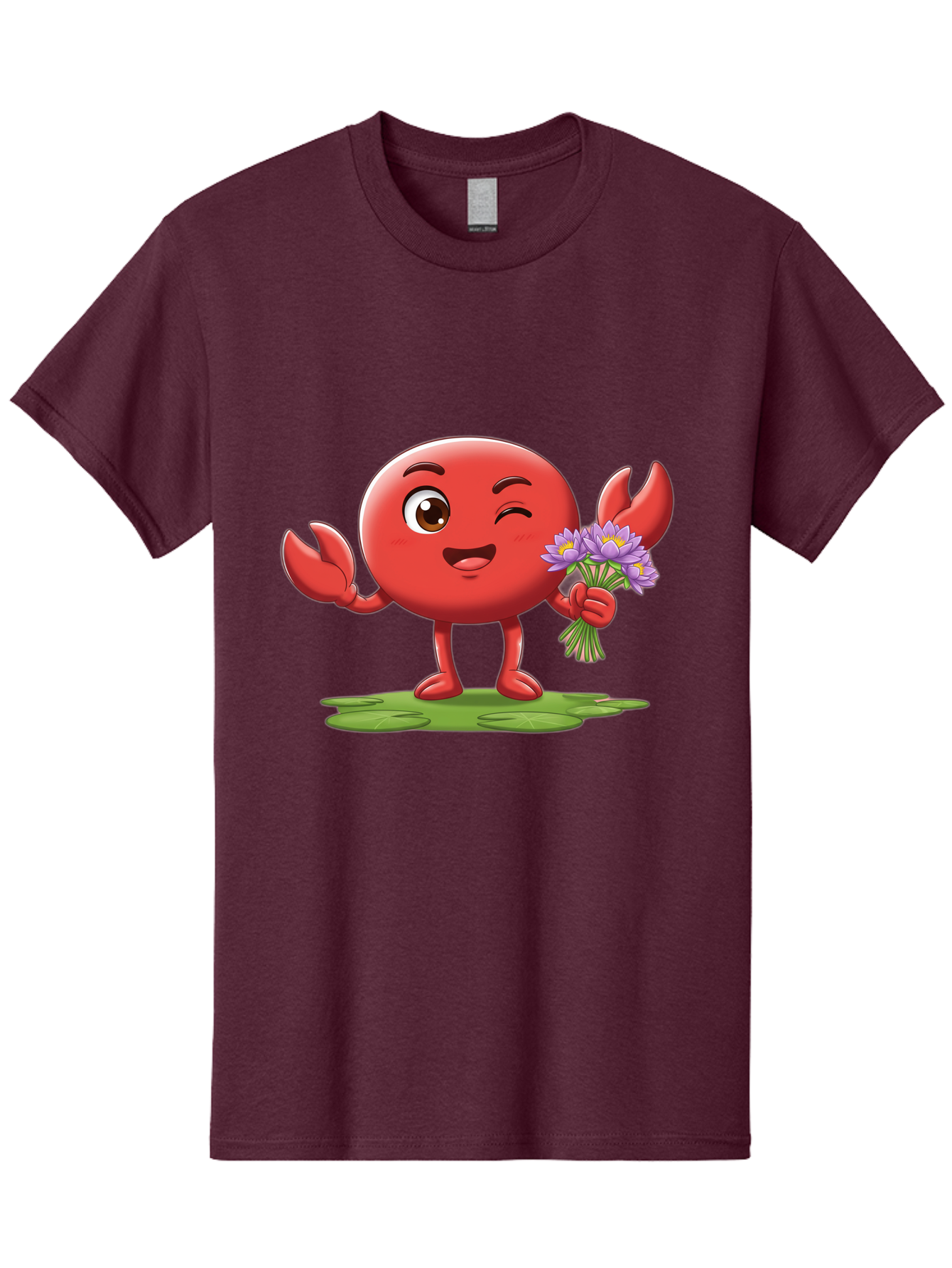 Crab-Character Men'S Graphic Tee, 100% Cotton, Comfortable Casual Summer Wear, Machine Washable, Cartoon Crab, Round Body, Red Crustacean, Happy Expression, Winking Eye, Waving Claw, Holding Flowers, Purple Blooms, Green Lily Pad, Bae160