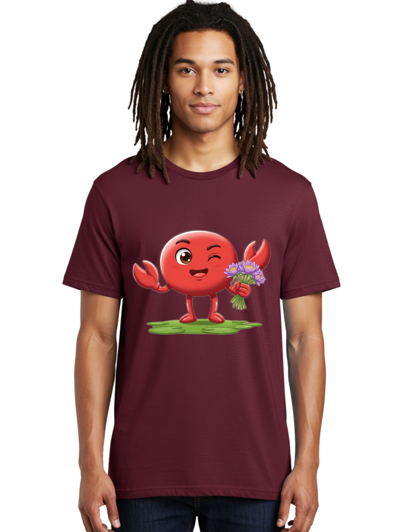 Crab-Character Men'S Graphic Tee, 100% Cotton, Comfortable Casual Summer Wear, Machine Washable, Cartoon Crab, Round Body, Red Crustacean, Happy Expression, Winking Eye, Waving Claw, Holding Flowers, Purple Blooms, Green Lily Pad, Bae160