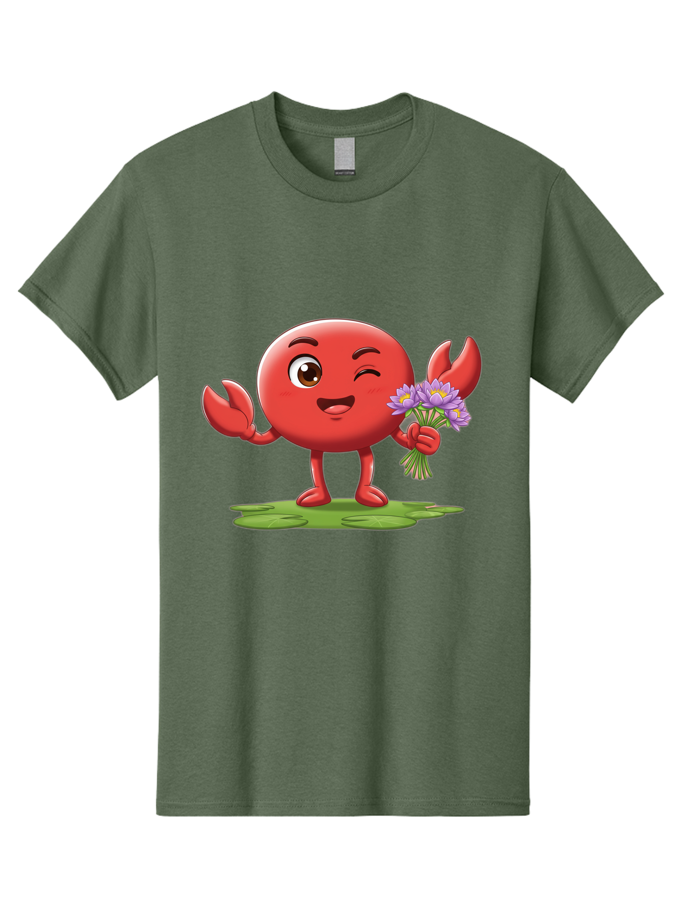 Crab-Character Men'S Graphic Tee, 100% Cotton, Comfortable Casual Summer Wear, Machine Washable, Cartoon Crab, Round Body, Red Crustacean, Happy Expression, Winking Eye, Waving Claw, Holding Flowers, Purple Blooms, Green Lily Pad, Bae160