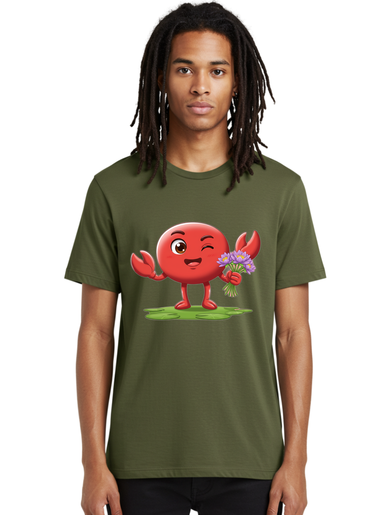 Crab-Character Men'S Graphic Tee, 100% Cotton, Comfortable Casual Summer Wear, Machine Washable, Cartoon Crab, Round Body, Red Crustacean, Happy Expression, Winking Eye, Waving Claw, Holding Flowers, Purple Blooms, Green Lily Pad, Bae160