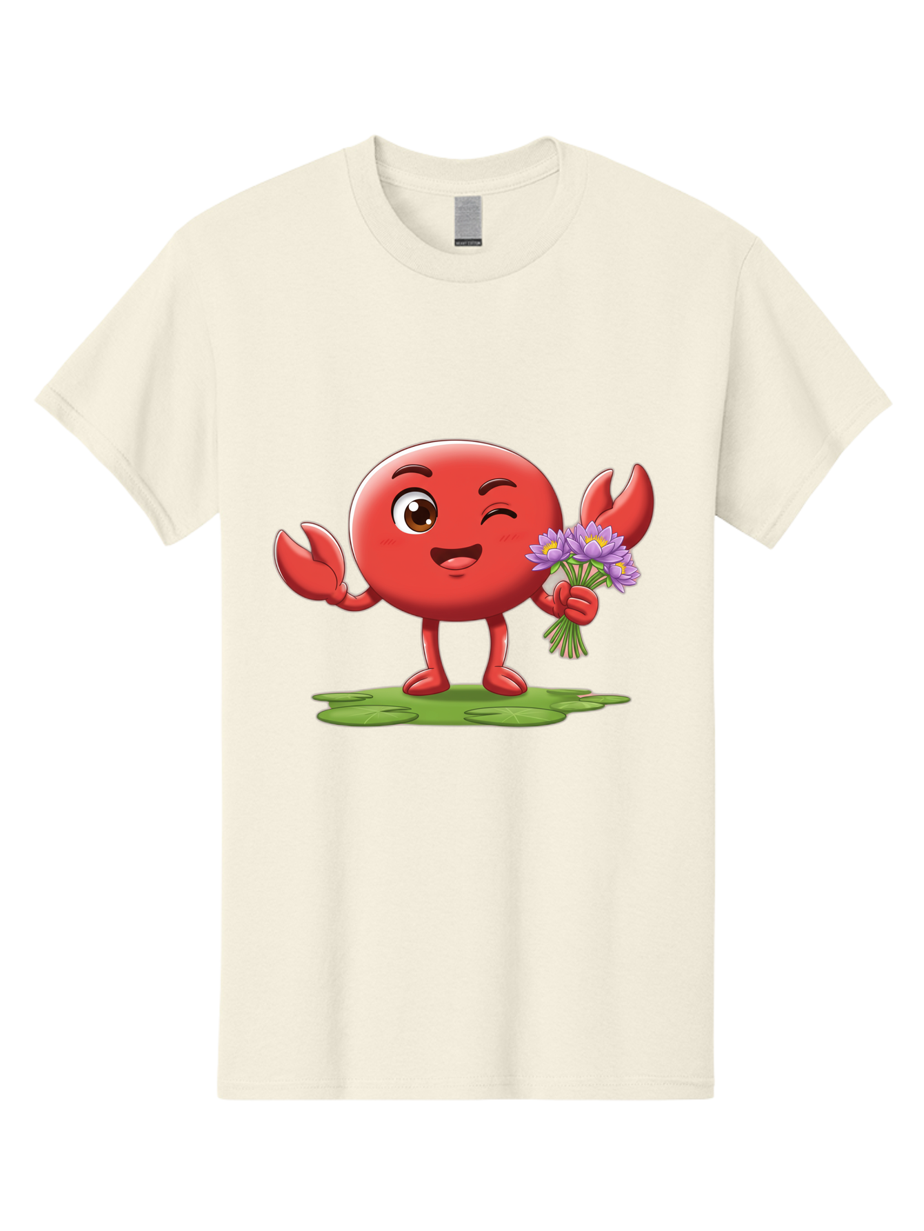 Crab-Character Men'S Graphic Tee, 100% Cotton, Comfortable Casual Summer Wear, Machine Washable, Cartoon Crab, Round Body, Red Crustacean, Happy Expression, Winking Eye, Waving Claw, Holding Flowers, Purple Blooms, Green Lily Pad, Bae160