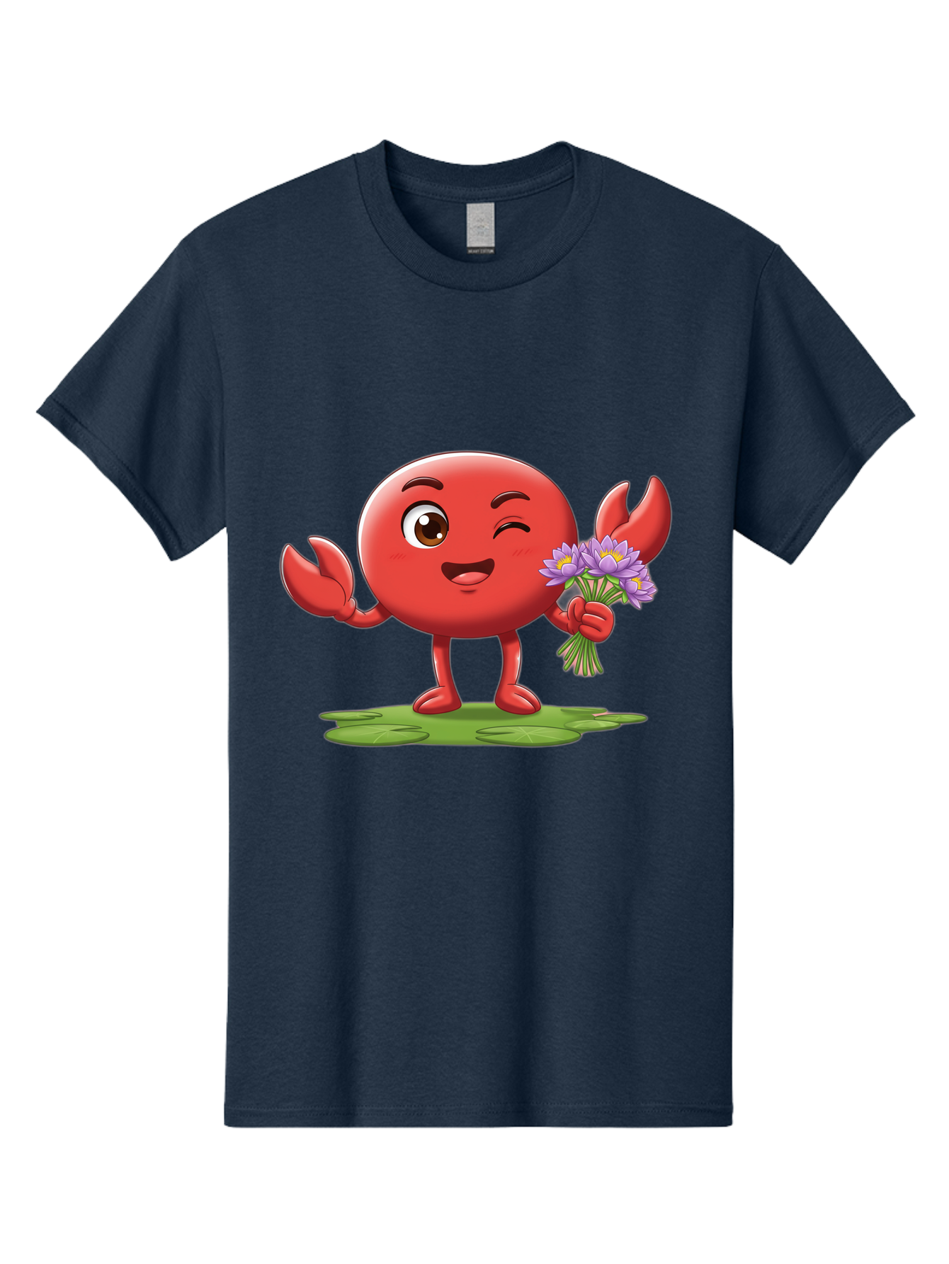 Crab-Character Men'S Graphic Tee, 100% Cotton, Comfortable Casual Summer Wear, Machine Washable, Cartoon Crab, Round Body, Red Crustacean, Happy Expression, Winking Eye, Waving Claw, Holding Flowers, Purple Blooms, Green Lily Pad, Bae160
