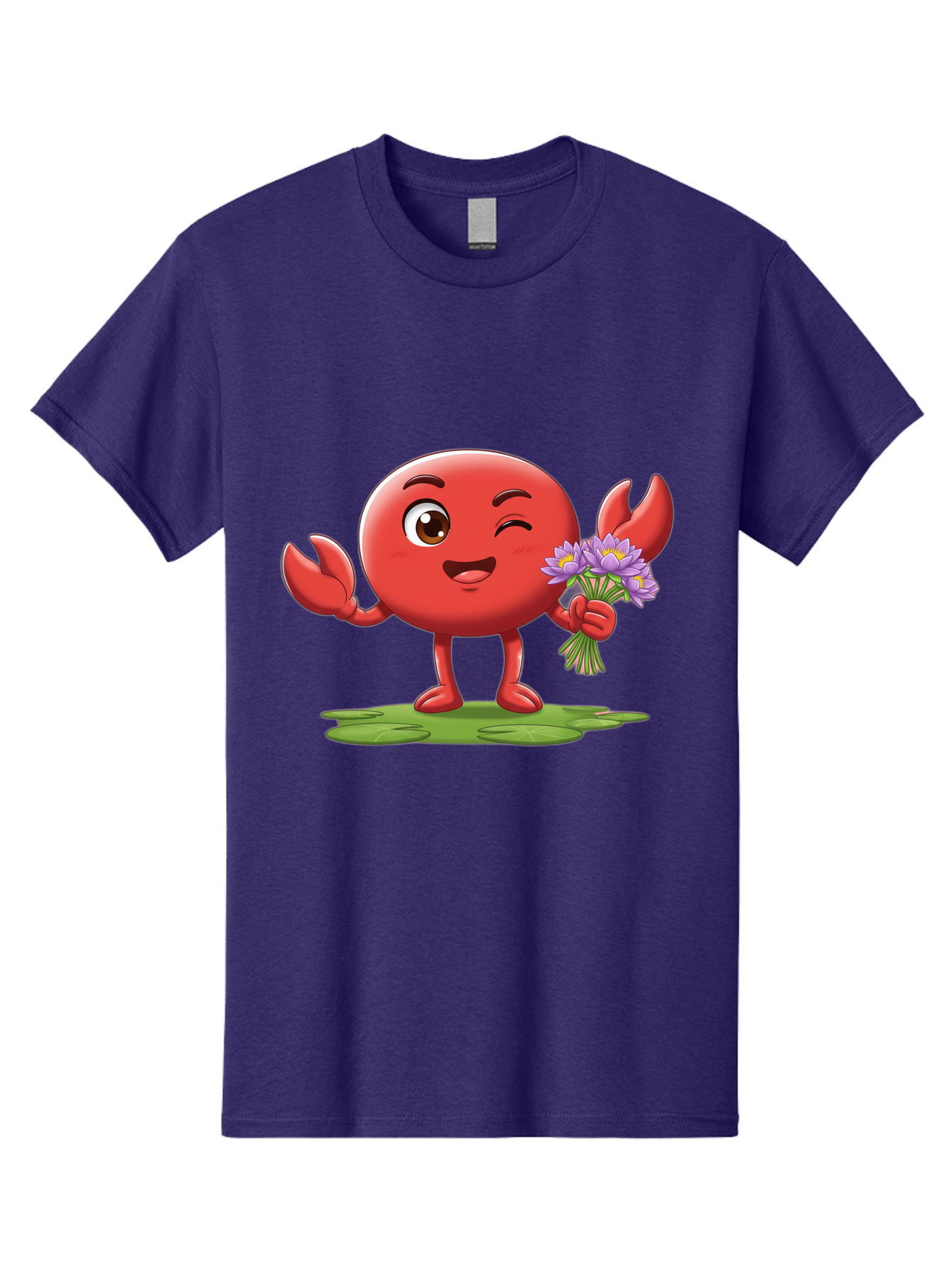 Crab-Character Men'S Graphic Tee, 100% Cotton, Comfortable Casual Summer Wear, Machine Washable, Cartoon Crab, Round Body, Red Crustacean, Happy Expression, Winking Eye, Waving Claw, Holding Flowers, Purple Blooms, Green Lily Pad, Bae160