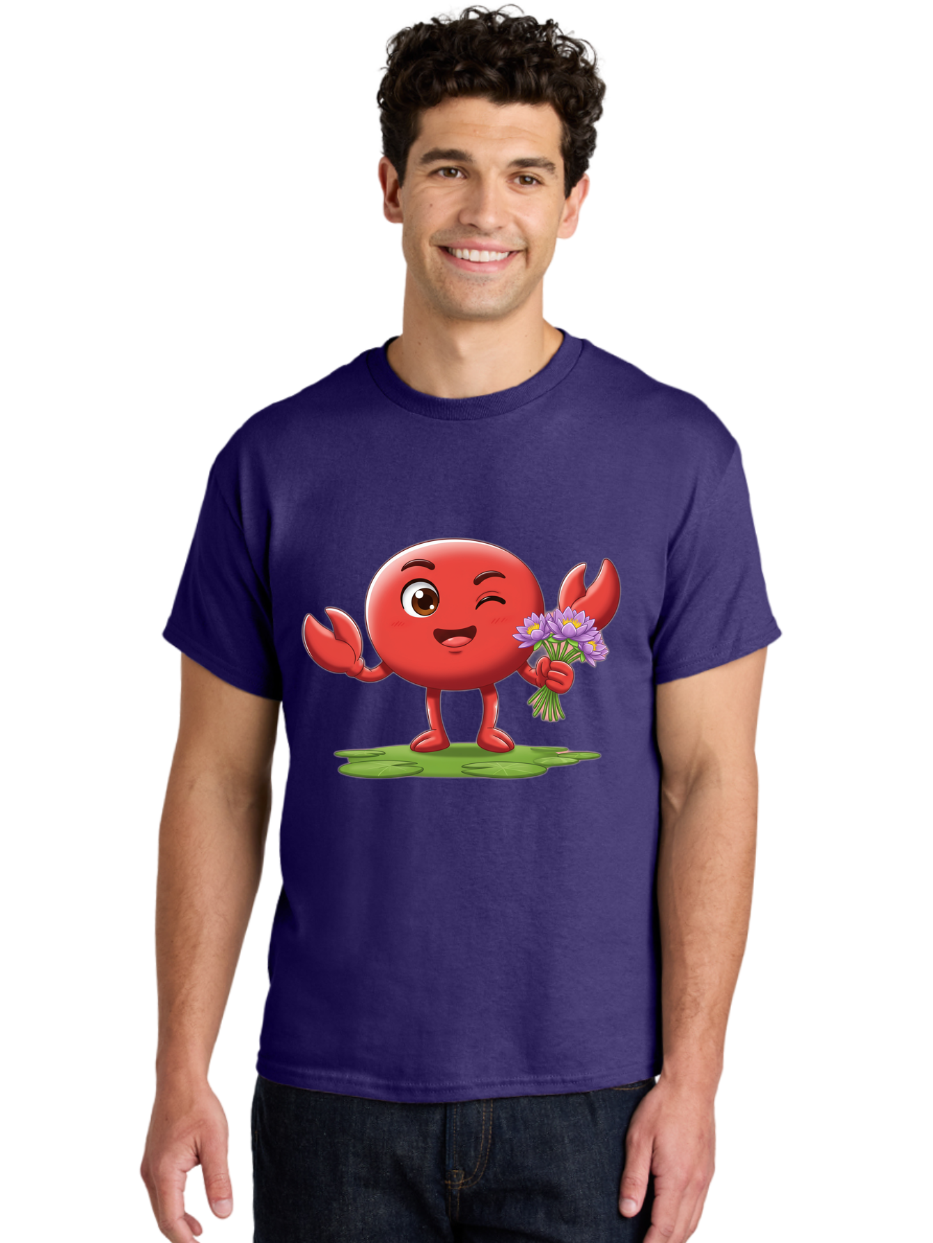Crab-Character Men'S Graphic Tee, 100% Cotton, Comfortable Casual Summer Wear, Machine Washable, Cartoon Crab, Round Body, Red Crustacean, Happy Expression, Winking Eye, Waving Claw, Holding Flowers, Purple Blooms, Green Lily Pad, Bae160