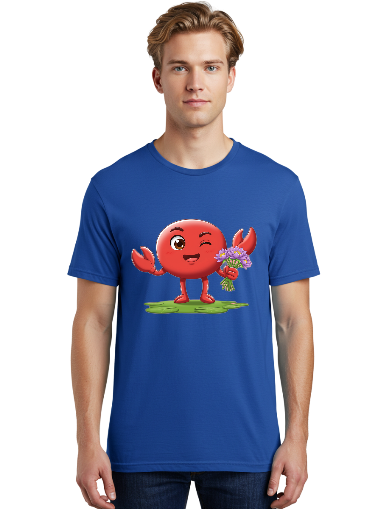 Crab-Character Men'S Graphic Tee, 100% Cotton, Comfortable Casual Summer Wear, Machine Washable, Cartoon Crab, Round Body, Red Crustacean, Happy Expression, Winking Eye, Waving Claw, Holding Flowers, Purple Blooms, Green Lily Pad, Bae160