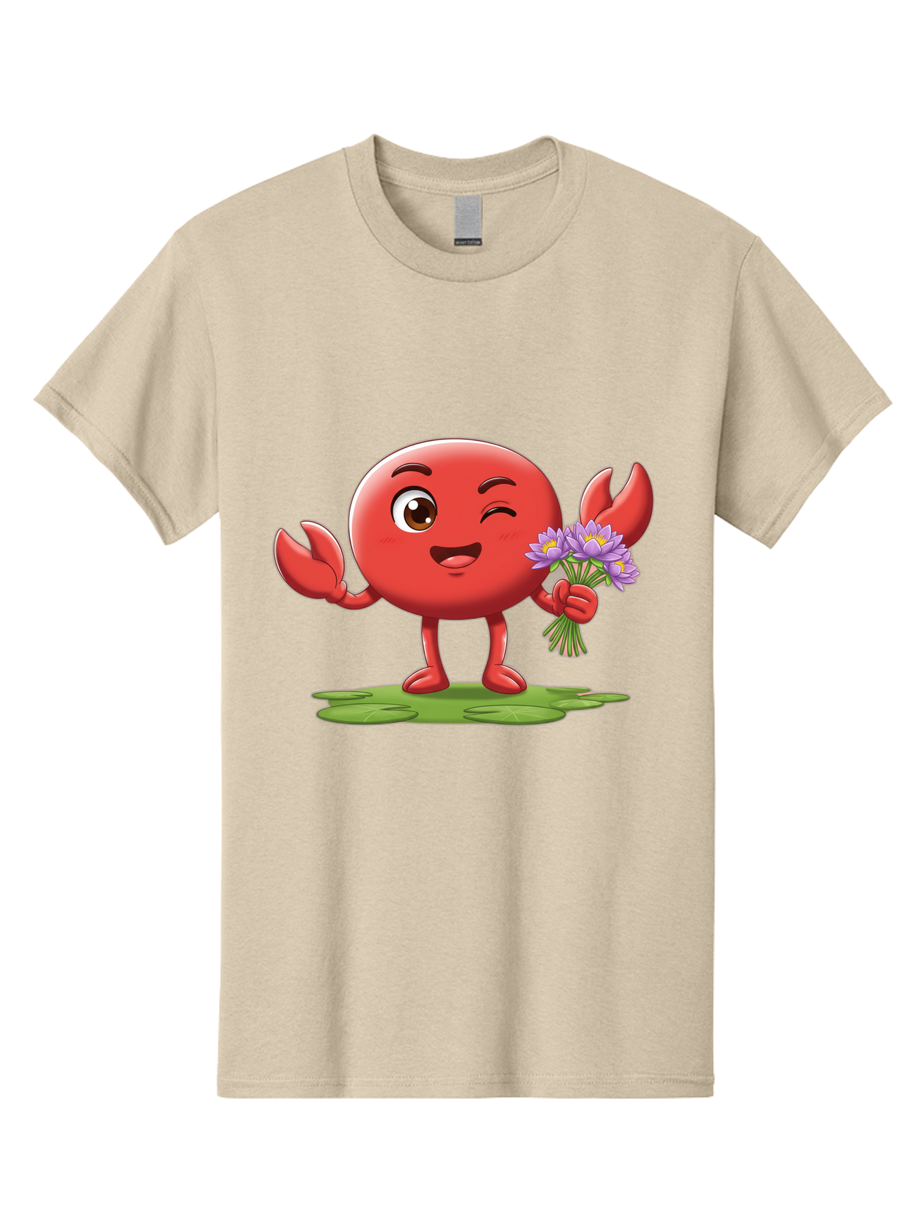 Crab-Character Men'S Graphic Tee, 100% Cotton, Comfortable Casual Summer Wear, Machine Washable, Cartoon Crab, Round Body, Red Crustacean, Happy Expression, Winking Eye, Waving Claw, Holding Flowers, Purple Blooms, Green Lily Pad, Bae160