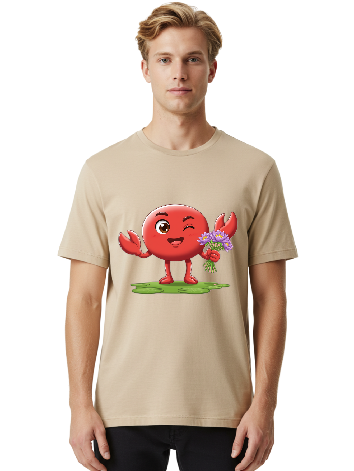 Crab-Character Men'S Graphic Tee, 100% Cotton, Comfortable Casual Summer Wear, Machine Washable, Cartoon Crab, Round Body, Red Crustacean, Happy Expression, Winking Eye, Waving Claw, Holding Flowers, Purple Blooms, Green Lily Pad, Bae160