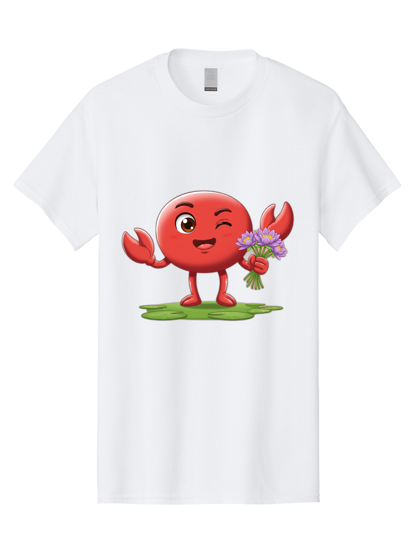 Crab-Character Men'S Graphic Tee, 100% Cotton, Comfortable Casual Summer Wear, Machine Washable, Cartoon Crab, Round Body, Red Crustacean, Happy Expression, Winking Eye, Waving Claw, Holding Flowers, Purple Blooms, Green Lily Pad, Bae160