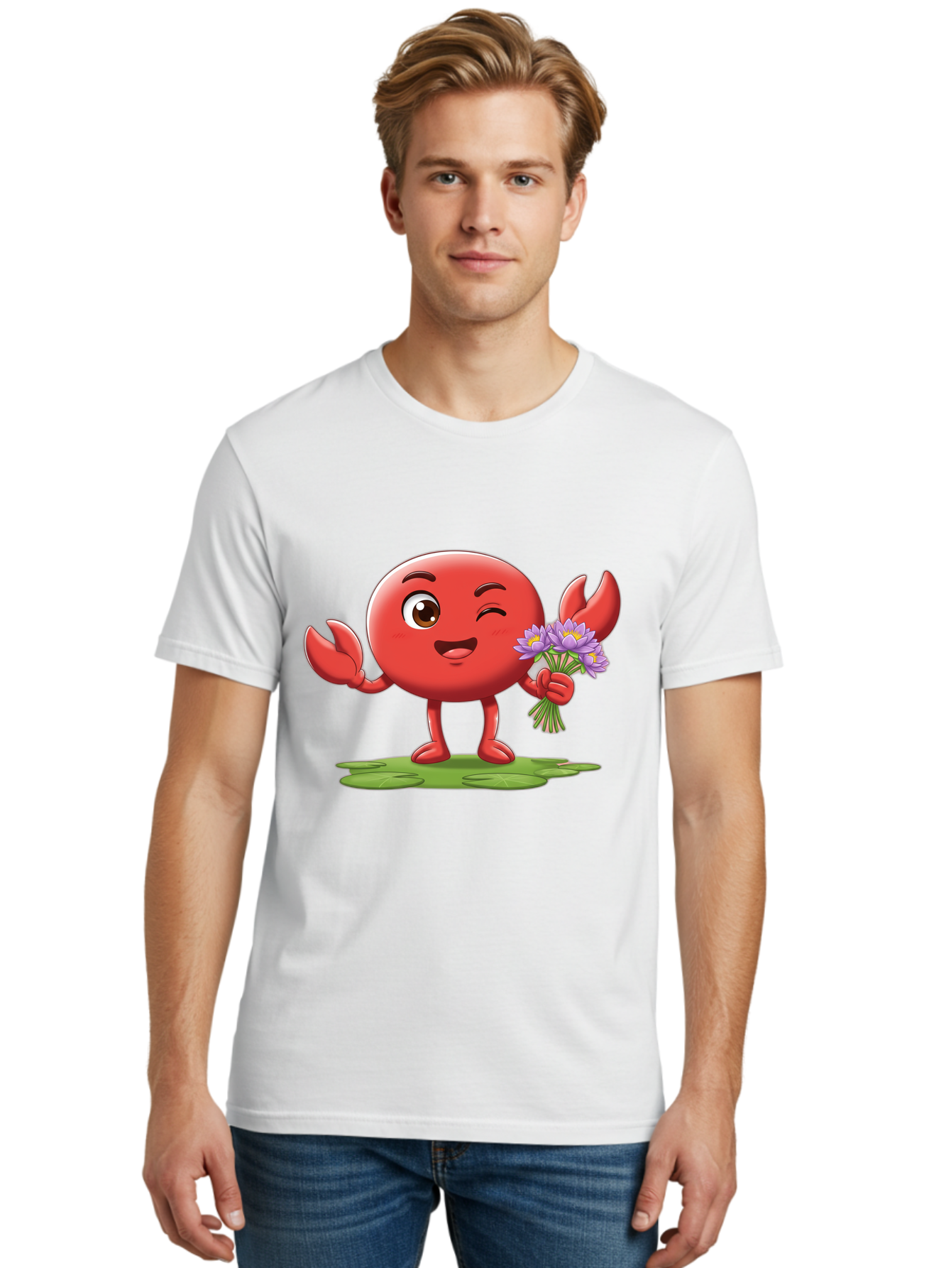 Crab-Character Men'S Graphic Tee, 100% Cotton, Comfortable Casual Summer Wear, Machine Washable, Cartoon Crab, Round Body, Red Crustacean, Happy Expression, Winking Eye, Waving Claw, Holding Flowers, Purple Blooms, Green Lily Pad, Bae160