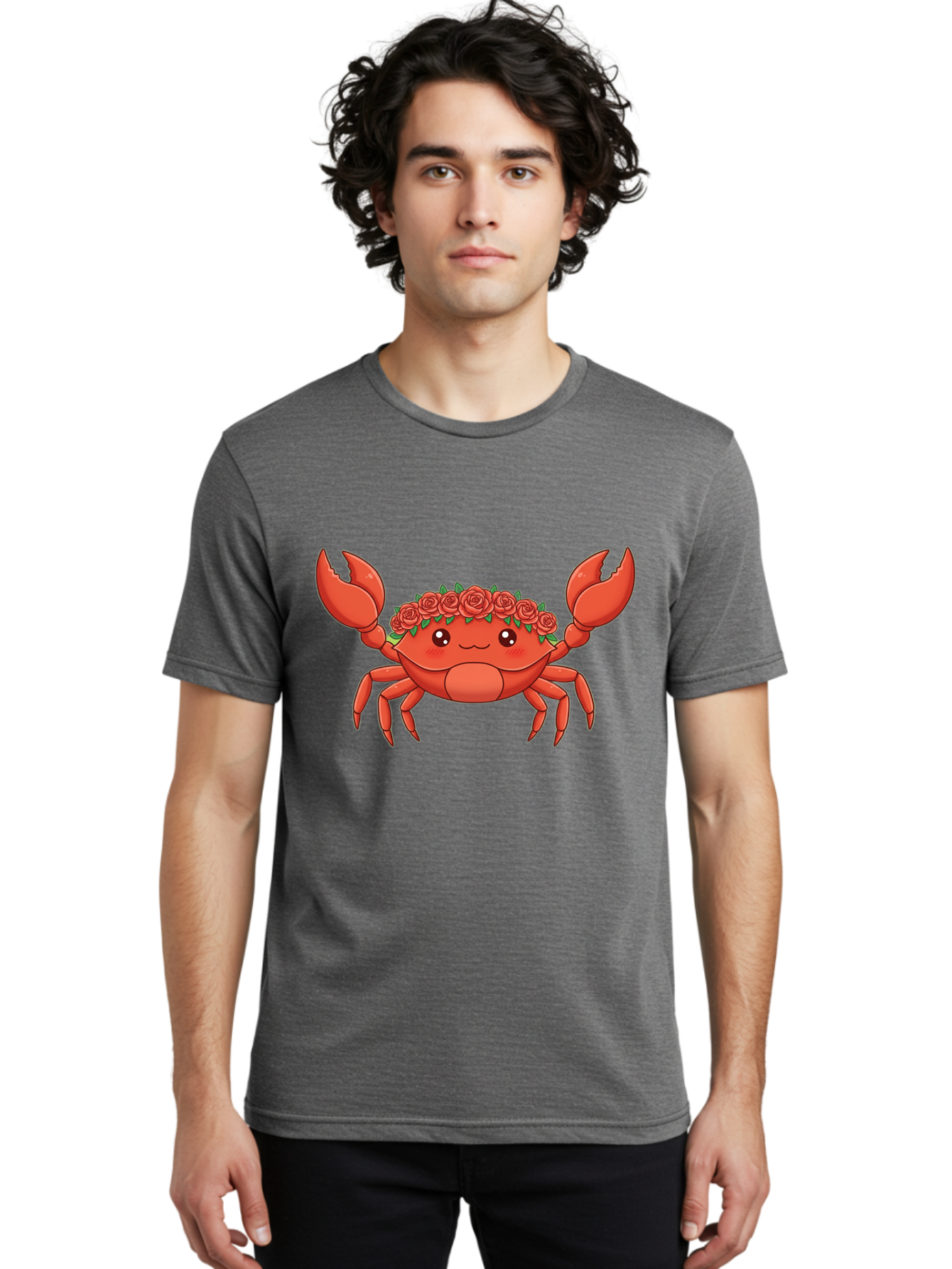 Crab-Wearing-Rose-Crown Men'S Graphic Tee, 100% Cotton, Comfortable Casual Summer Wear, Machine Washable, Cartoon Crab, Red Roses, Floral Crown, Cute Crustacean, Smiling Face, Red Crab, Rose Wreath, Kawaii Art Bae162