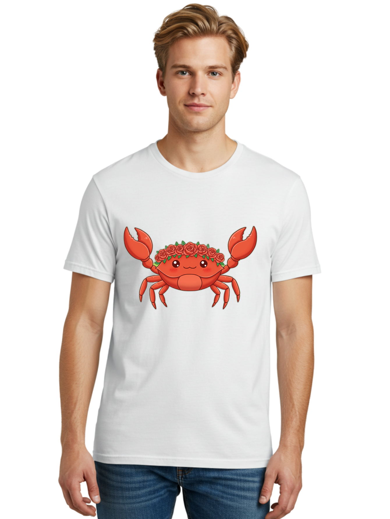 Crab-Wearing-Rose-Crown Men'S Graphic Tee, 100% Cotton, Comfortable Casual Summer Wear, Machine Washable, Cartoon Crab, Red Roses, Floral Crown, Cute Crustacean, Smiling Face, Red Crab, Rose Wreath, Kawaii Art Bae162