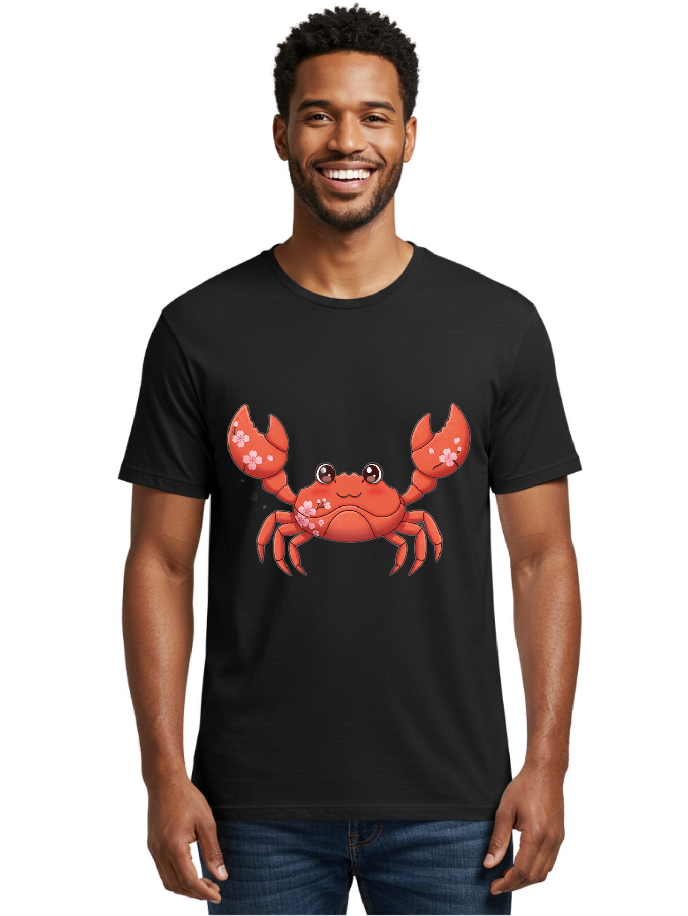 Crab-With-Cherry-Blossoms Men'S Graphic Tee, 100% Cotton, Comfortable Casual Summer Wear, Machine Washable, Cartoon Crab, Cherry Blossoms, Pink Flowers, Cute Crustacean, Anime Style, Kawaii Art, Red Crab, Floral Decorations, Ocean Creature Bae163