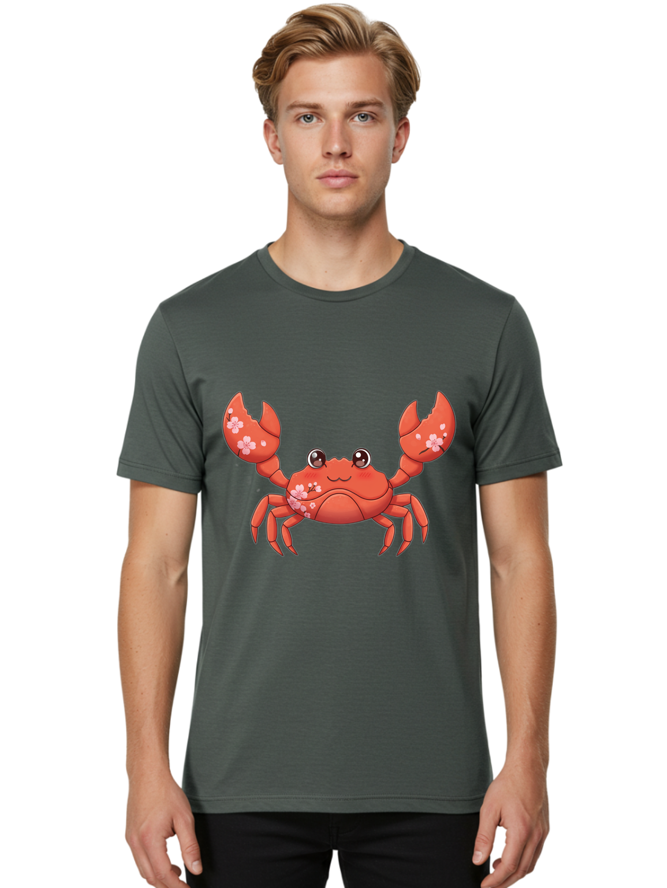 Crab-With-Cherry-Blossoms Men'S Graphic Tee, 100% Cotton, Comfortable Casual Summer Wear, Machine Washable, Cartoon Crab, Cherry Blossoms, Pink Flowers, Cute Crustacean, Anime Style, Kawaii Art, Red Crab, Floral Decorations, Ocean Creature Bae163