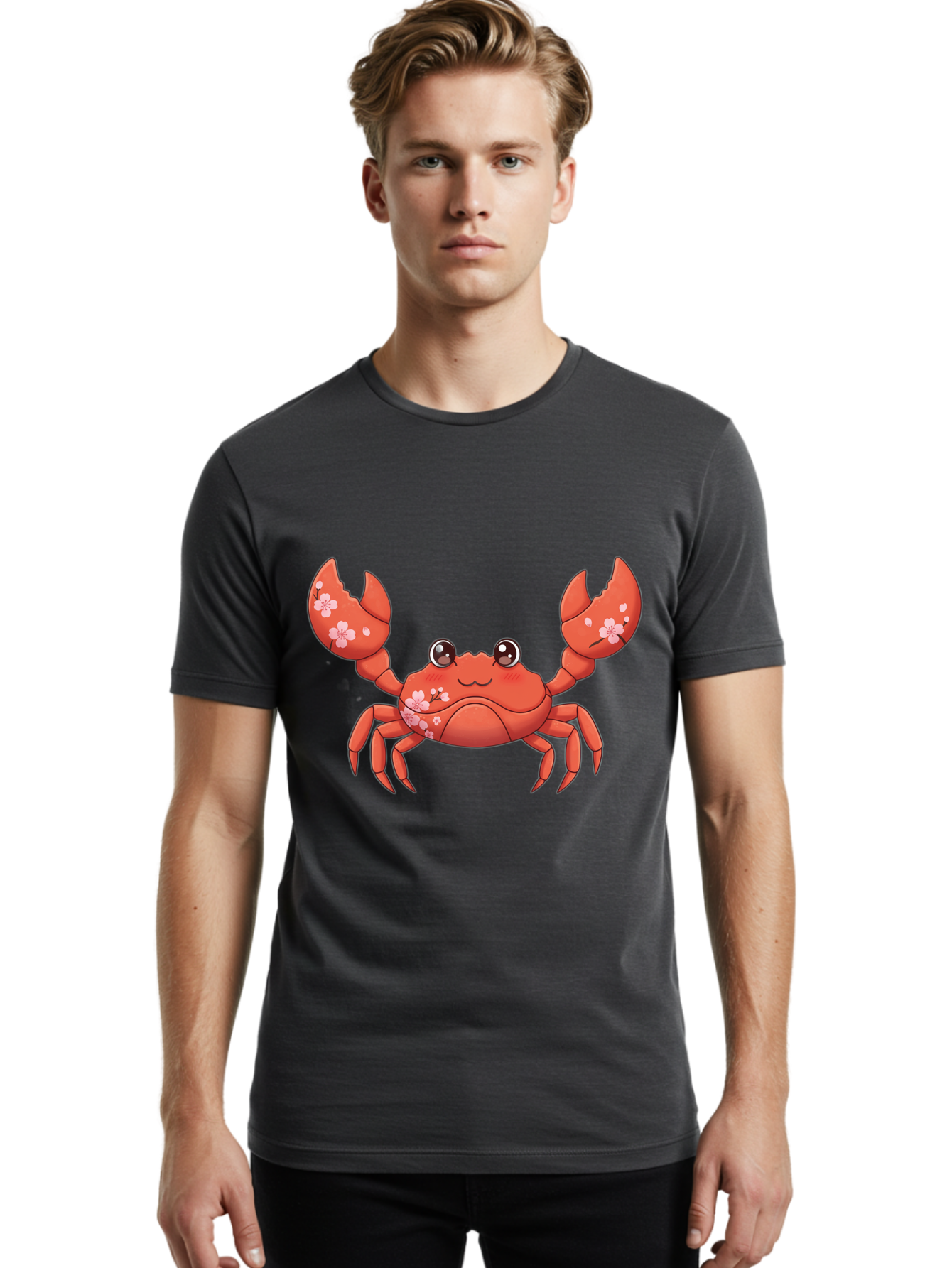 Crab-With-Cherry-Blossoms Men'S Graphic Tee, 100% Cotton, Comfortable Casual Summer Wear, Machine Washable, Cartoon Crab, Cherry Blossoms, Pink Flowers, Cute Crustacean, Anime Style, Kawaii Art, Red Crab, Floral Decorations, Ocean Creature Bae163
