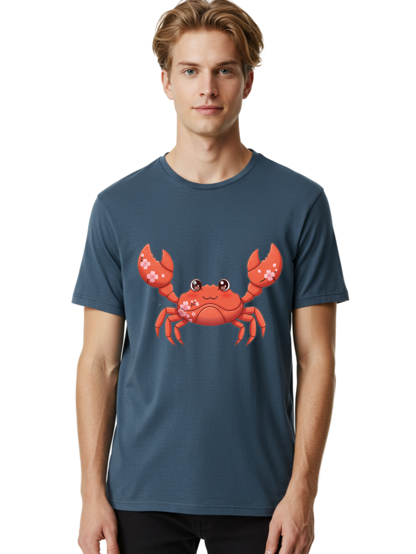 Crab-With-Cherry-Blossoms Men'S Graphic Tee, 100% Cotton, Comfortable Casual Summer Wear, Machine Washable, Cartoon Crab, Cherry Blossoms, Pink Flowers, Cute Crustacean, Anime Style, Kawaii Art, Red Crab, Floral Decorations, Ocean Creature Bae163