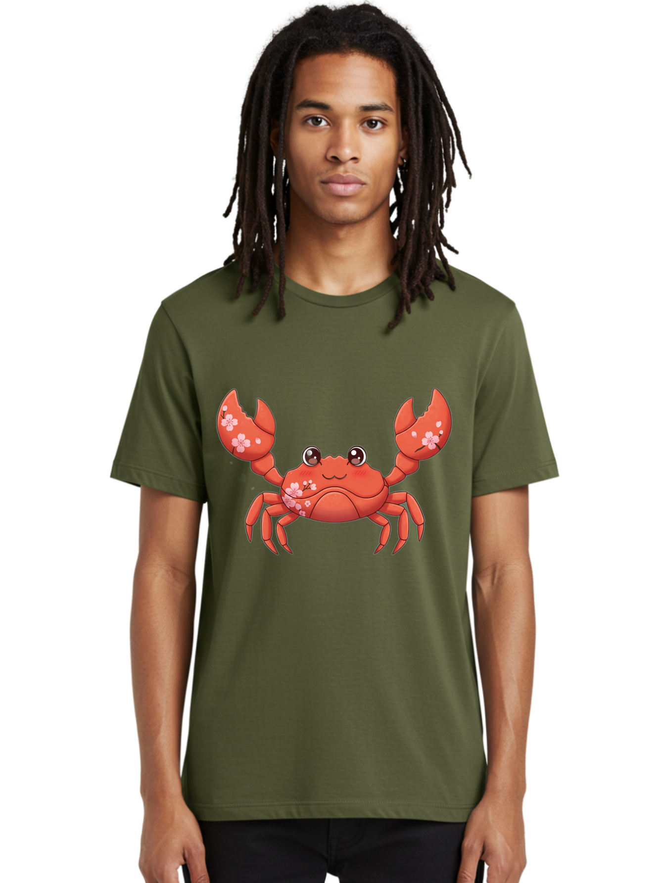 Crab-With-Cherry-Blossoms Men'S Graphic Tee, 100% Cotton, Comfortable Casual Summer Wear, Machine Washable, Cartoon Crab, Cherry Blossoms, Pink Flowers, Cute Crustacean, Anime Style, Kawaii Art, Red Crab, Floral Decorations, Ocean Creature Bae163