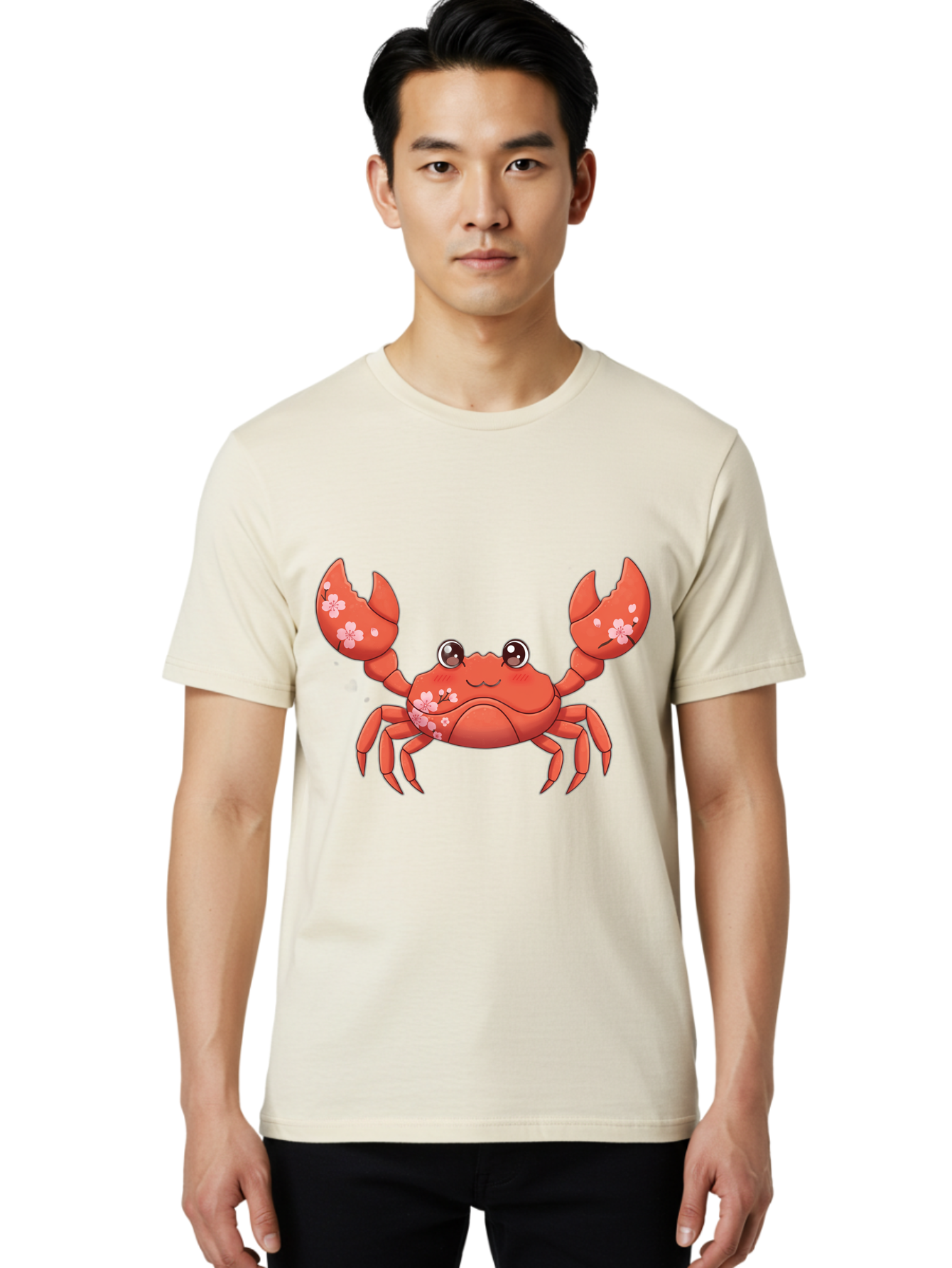 Crab-With-Cherry-Blossoms Men'S Graphic Tee, 100% Cotton, Comfortable Casual Summer Wear, Machine Washable, Cartoon Crab, Cherry Blossoms, Pink Flowers, Cute Crustacean, Anime Style, Kawaii Art, Red Crab, Floral Decorations, Ocean Creature Bae163
