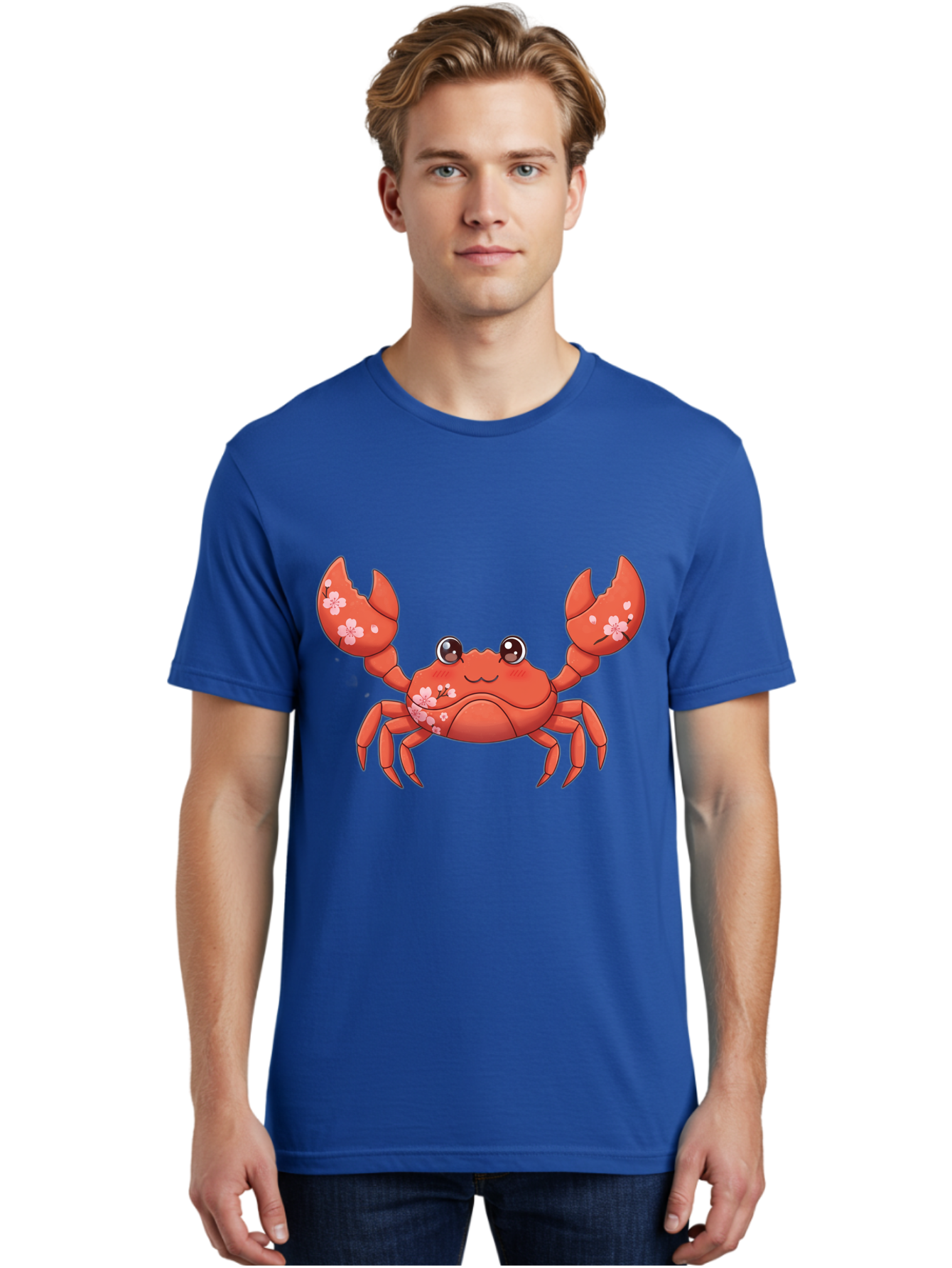Crab-With-Cherry-Blossoms Men'S Graphic Tee, 100% Cotton, Comfortable Casual Summer Wear, Machine Washable, Cartoon Crab, Cherry Blossoms, Pink Flowers, Cute Crustacean, Anime Style, Kawaii Art, Red Crab, Floral Decorations, Ocean Creature Bae163