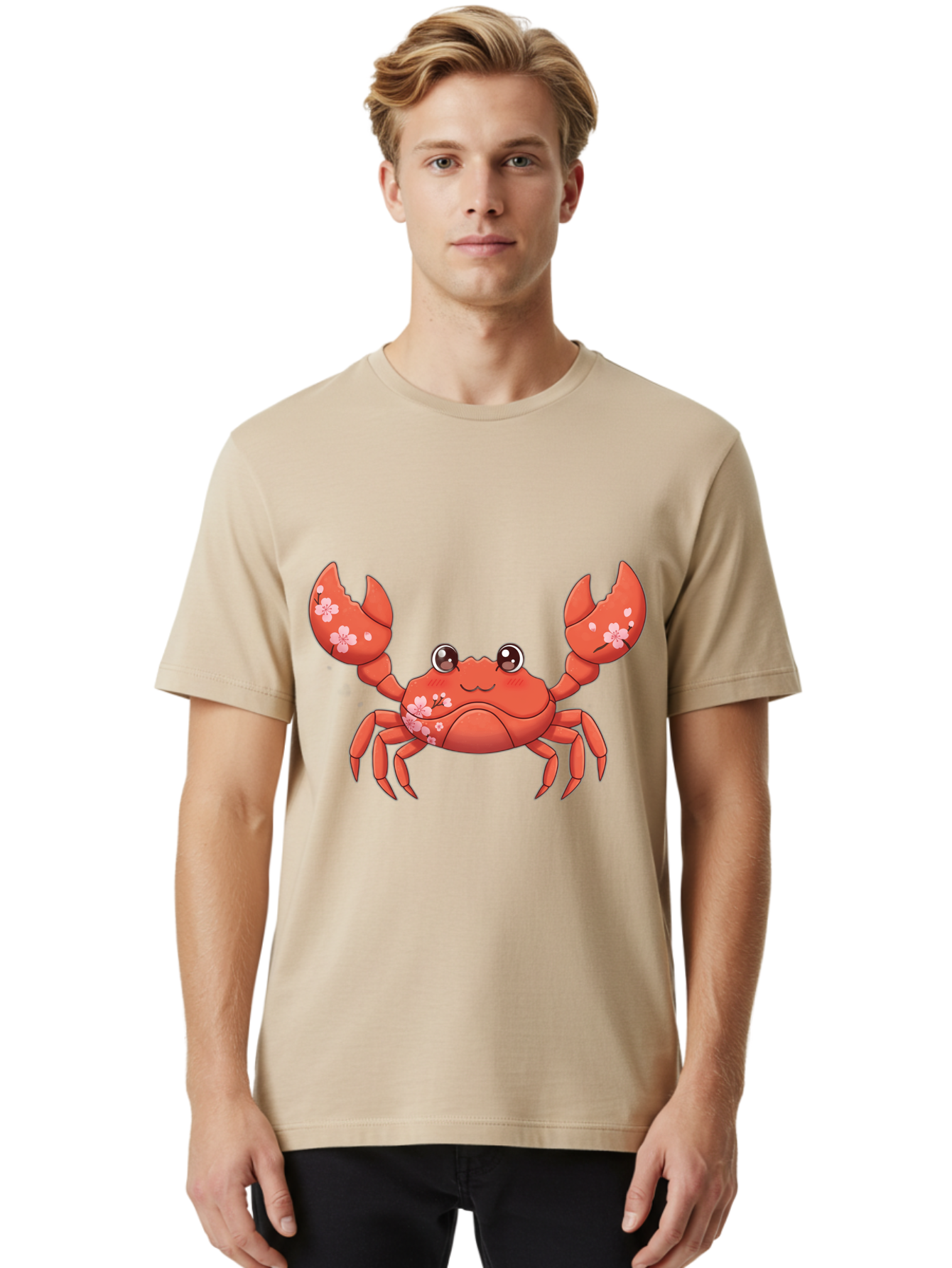 Crab-With-Cherry-Blossoms Men'S Graphic Tee, 100% Cotton, Comfortable Casual Summer Wear, Machine Washable, Cartoon Crab, Cherry Blossoms, Pink Flowers, Cute Crustacean, Anime Style, Kawaii Art, Red Crab, Floral Decorations, Ocean Creature Bae163