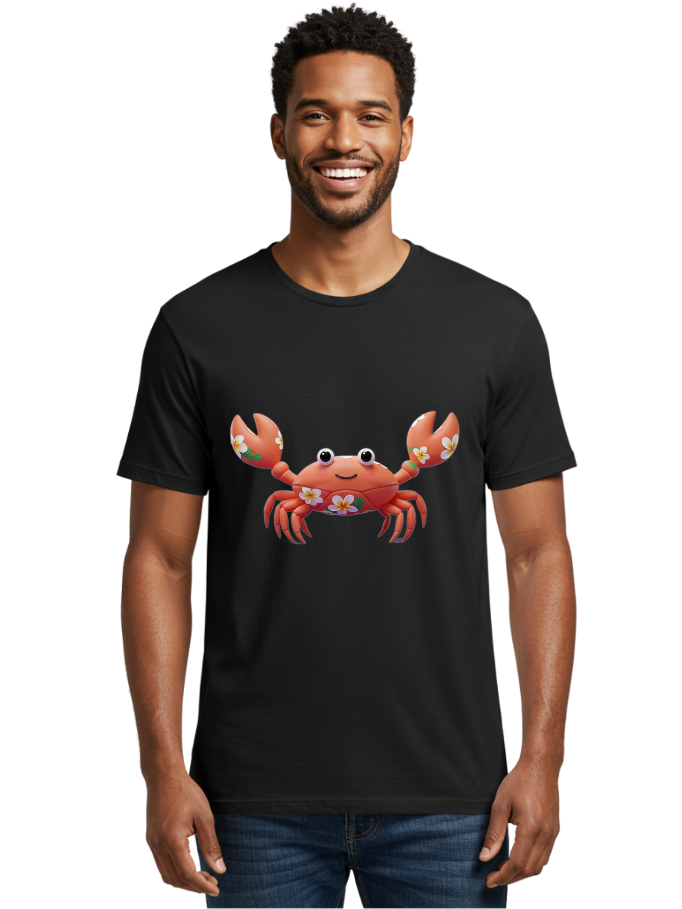 Crab-With-Flowers-1 Men'S Graphic Tee, 100% Cotton, Comfortable Casual Summer Wear, Machine Washable, Cartoon Crab, Floral Decoration, Orange Crustacean, Tropical Flowers, Smiling Face, Cute Design, Beach Theme, Island Vibes, Playful Character Bae164