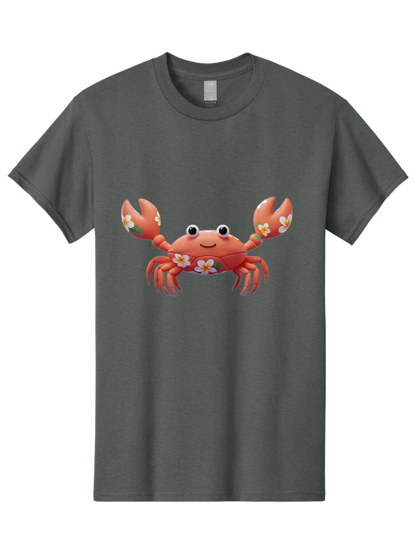 Crab-With-Flowers-1 Men'S Graphic Tee, 100% Cotton, Comfortable Casual Summer Wear, Machine Washable, Cartoon Crab, Floral Decoration, Orange Crustacean, Tropical Flowers, Smiling Face, Cute Design, Beach Theme, Island Vibes, Playful Character Bae164