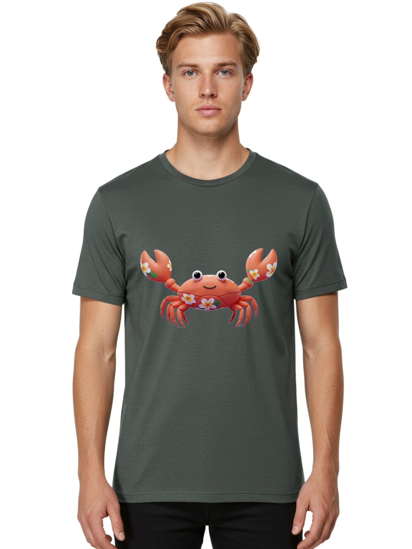 Crab-With-Flowers-1 Men'S Graphic Tee, 100% Cotton, Comfortable Casual Summer Wear, Machine Washable, Cartoon Crab, Floral Decoration, Orange Crustacean, Tropical Flowers, Smiling Face, Cute Design, Beach Theme, Island Vibes, Playful Character Bae164