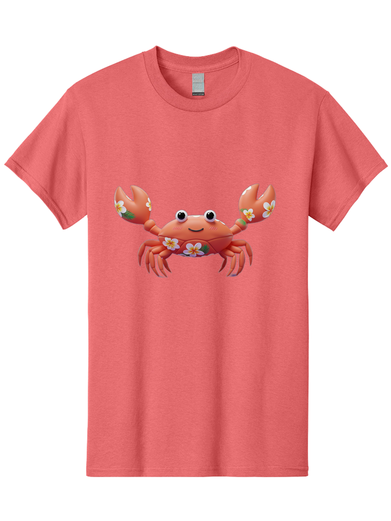 Crab-With-Flowers-1 Men'S Graphic Tee, 100% Cotton, Comfortable Casual Summer Wear, Machine Washable, Cartoon Crab, Floral Decoration, Orange Crustacean, Tropical Flowers, Smiling Face, Cute Design, Beach Theme, Island Vibes, Playful Character Bae164
