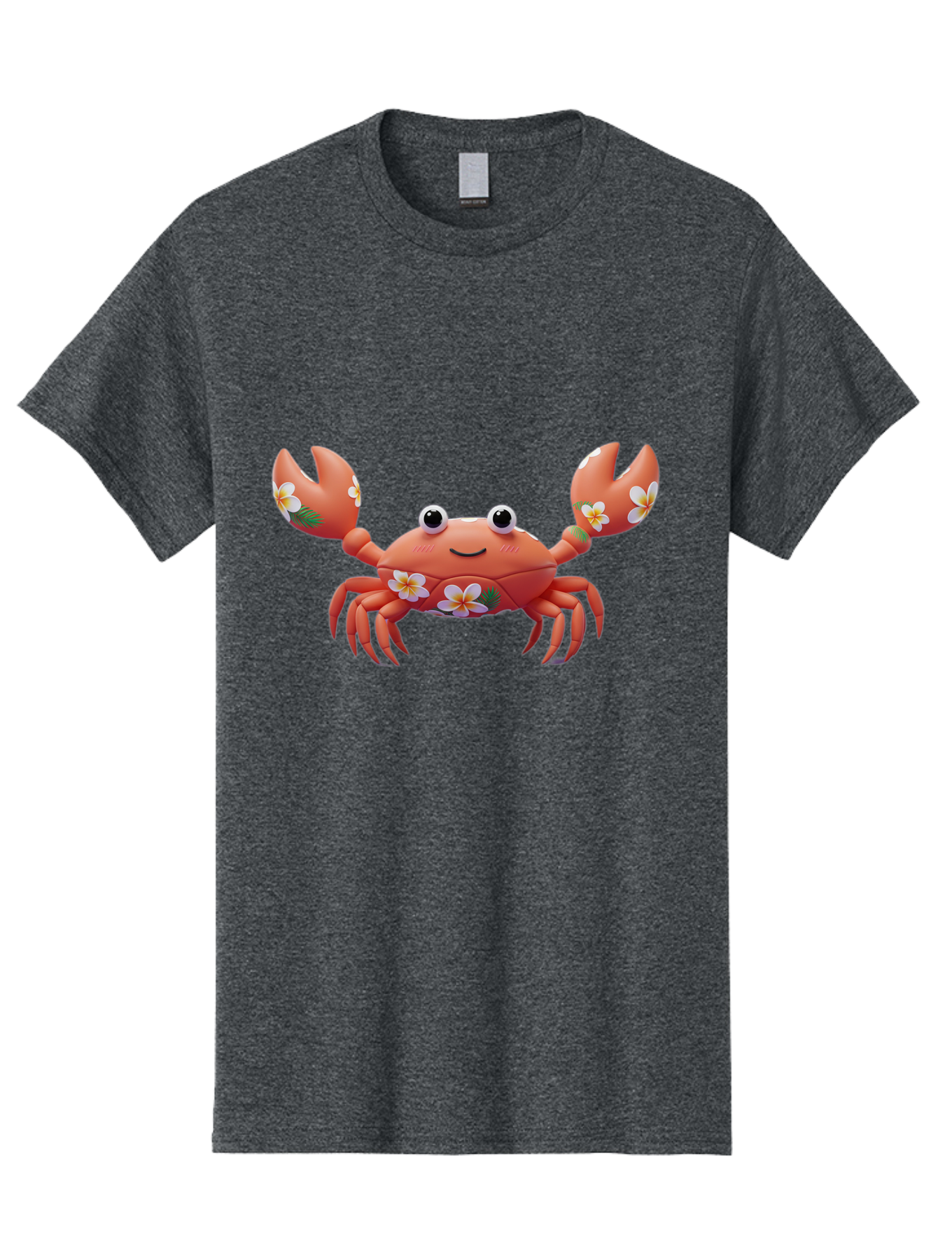Crab-With-Flowers-1 Men'S Graphic Tee, 100% Cotton, Comfortable Casual Summer Wear, Machine Washable, Cartoon Crab, Floral Decoration, Orange Crustacean, Tropical Flowers, Smiling Face, Cute Design, Beach Theme, Island Vibes, Playful Character Bae164
