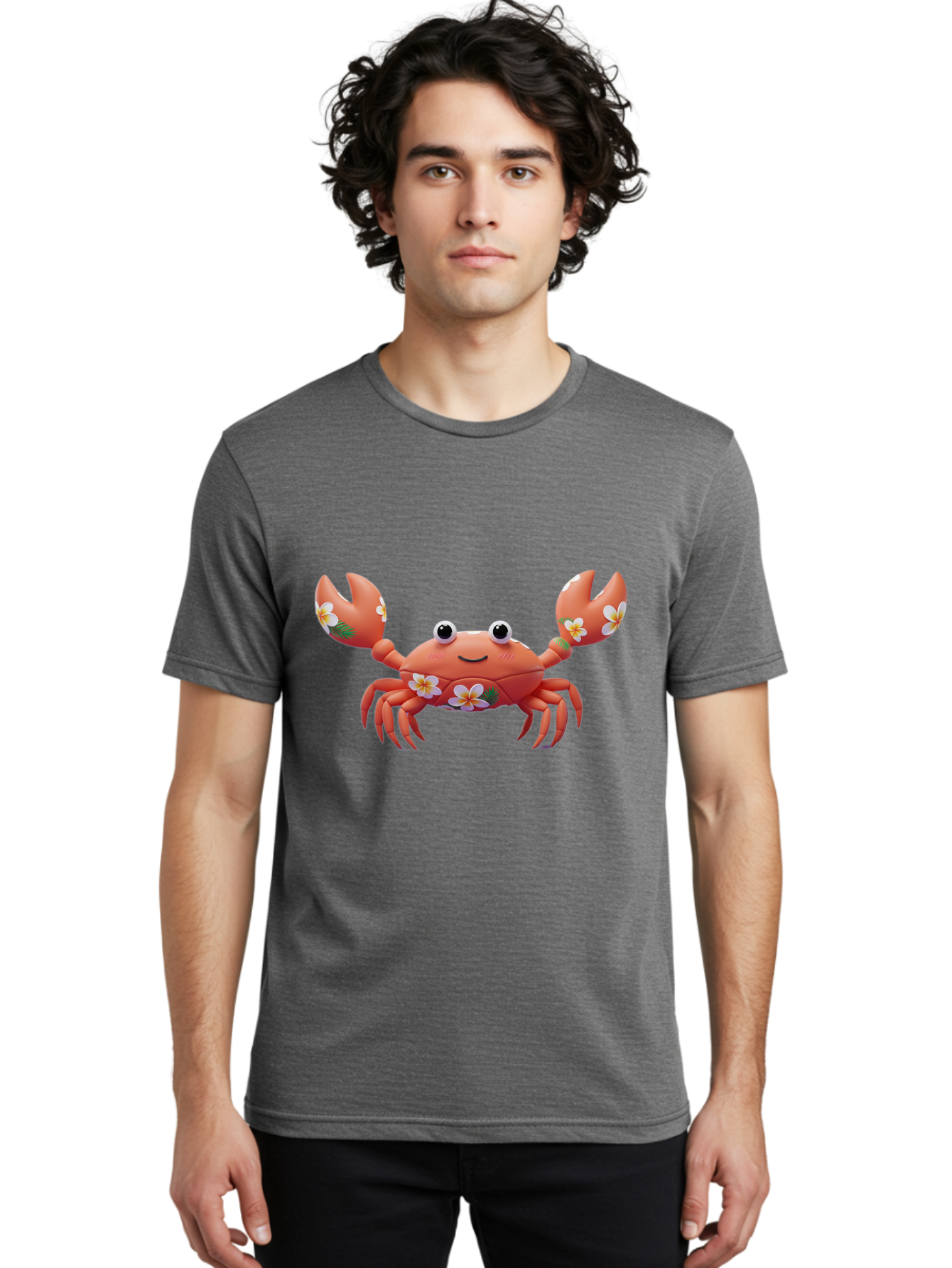 Crab-With-Flowers-1 Men'S Graphic Tee, 100% Cotton, Comfortable Casual Summer Wear, Machine Washable, Cartoon Crab, Floral Decoration, Orange Crustacean, Tropical Flowers, Smiling Face, Cute Design, Beach Theme, Island Vibes, Playful Character Bae164