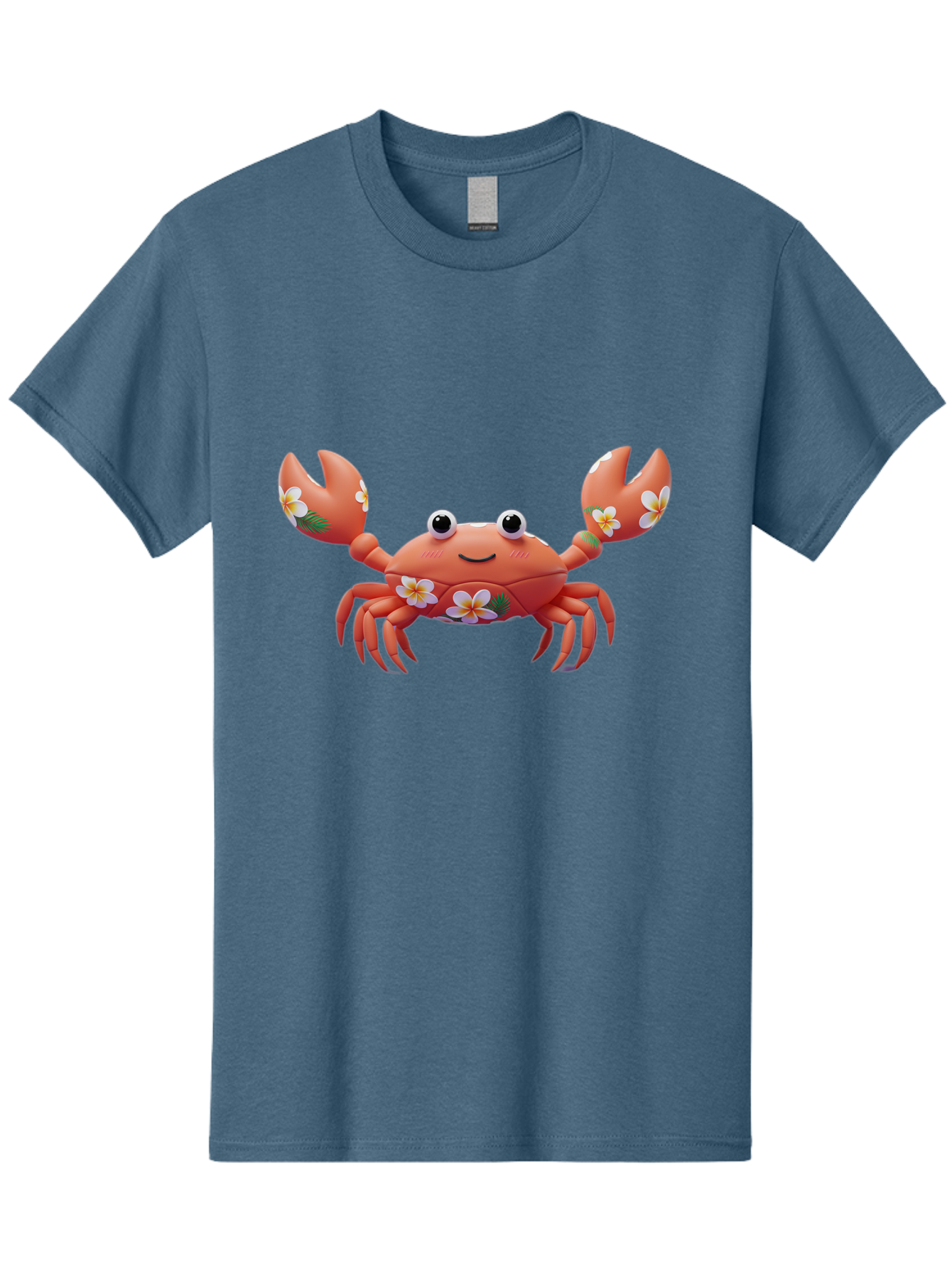 Crab-With-Flowers-1 Men'S Graphic Tee, 100% Cotton, Comfortable Casual Summer Wear, Machine Washable, Cartoon Crab, Floral Decoration, Orange Crustacean, Tropical Flowers, Smiling Face, Cute Design, Beach Theme, Island Vibes, Playful Character Bae164