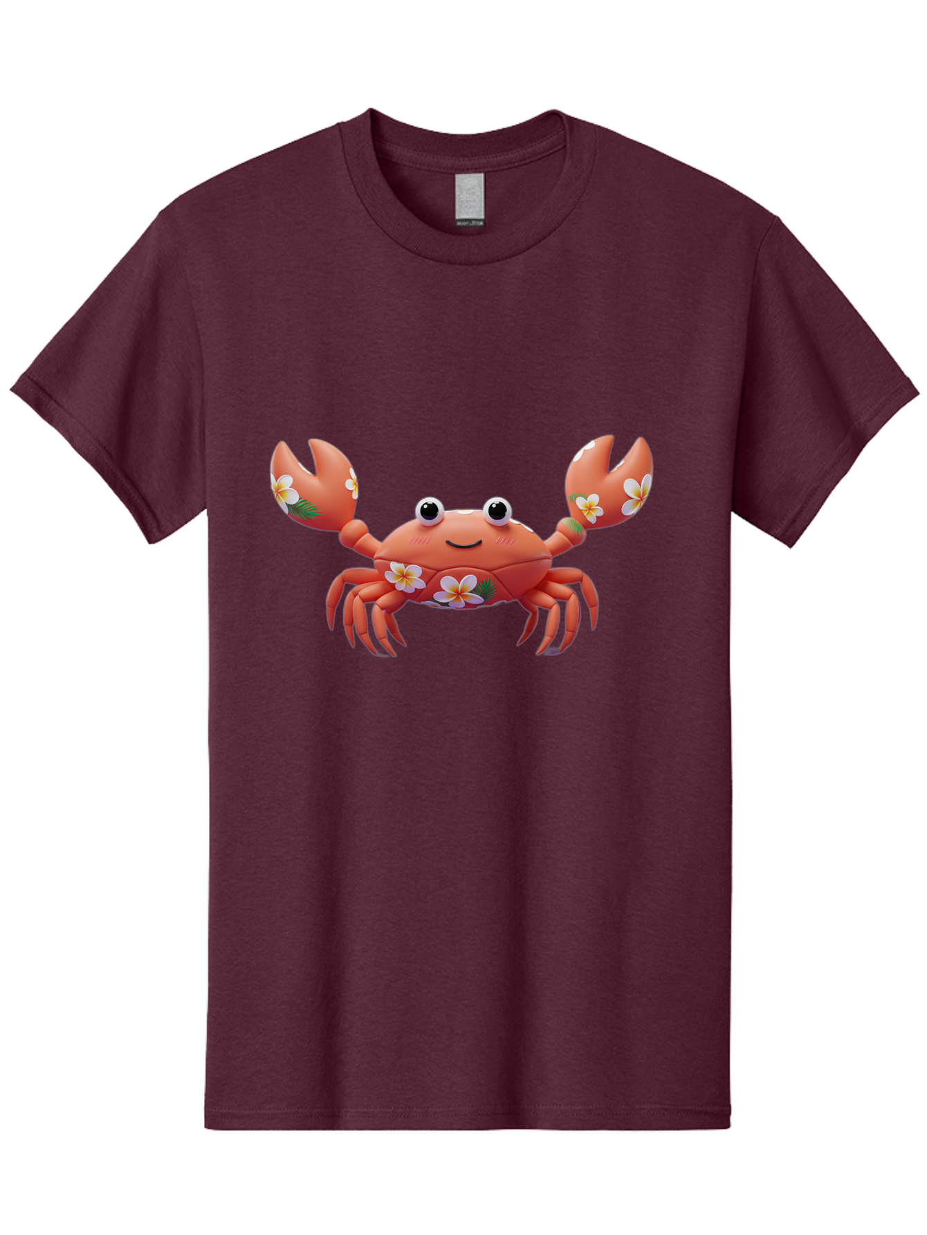 Crab-With-Flowers-1 Men'S Graphic Tee, 100% Cotton, Comfortable Casual Summer Wear, Machine Washable, Cartoon Crab, Floral Decoration, Orange Crustacean, Tropical Flowers, Smiling Face, Cute Design, Beach Theme, Island Vibes, Playful Character Bae164