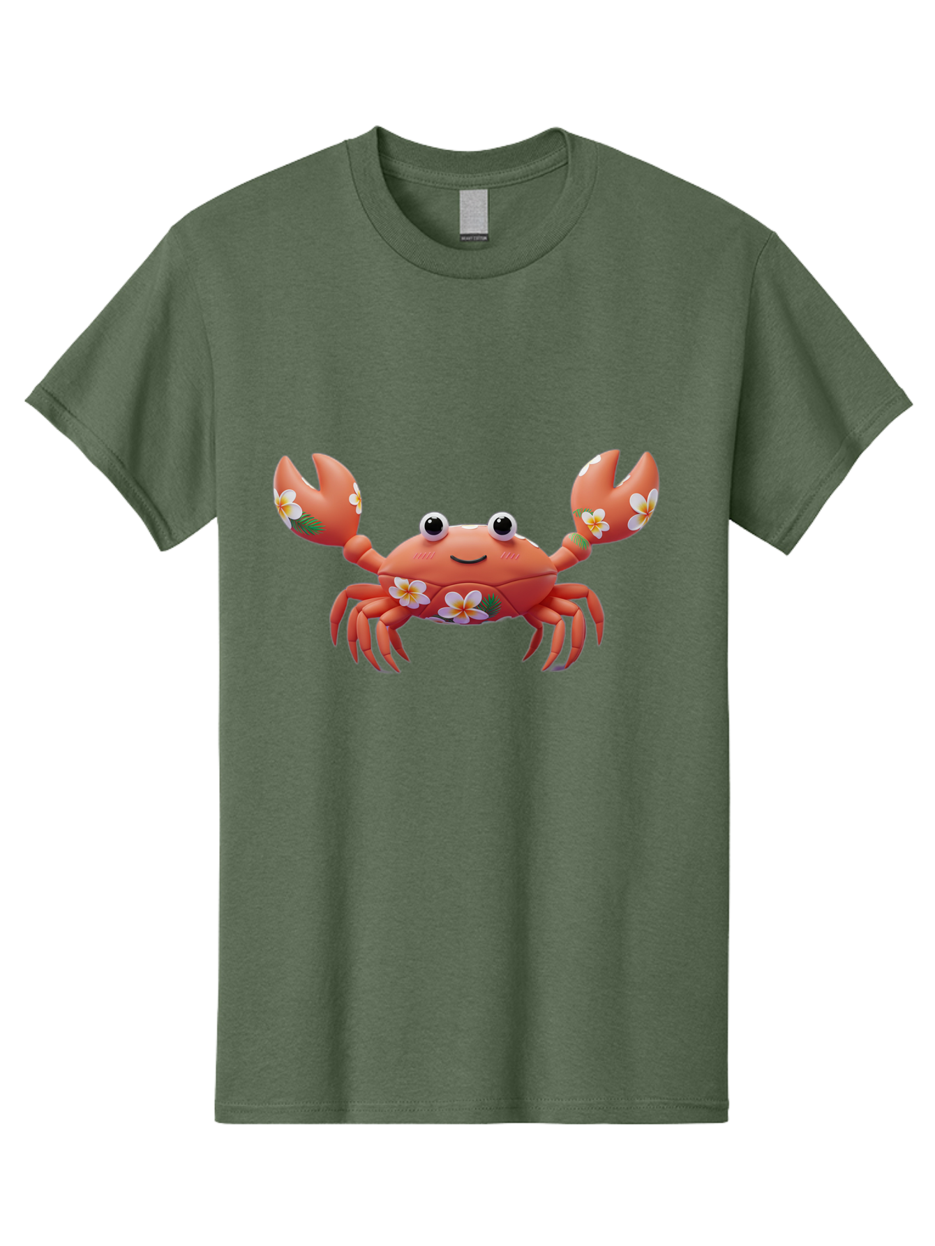 Crab-With-Flowers-1 Men'S Graphic Tee, 100% Cotton, Comfortable Casual Summer Wear, Machine Washable, Cartoon Crab, Floral Decoration, Orange Crustacean, Tropical Flowers, Smiling Face, Cute Design, Beach Theme, Island Vibes, Playful Character Bae164