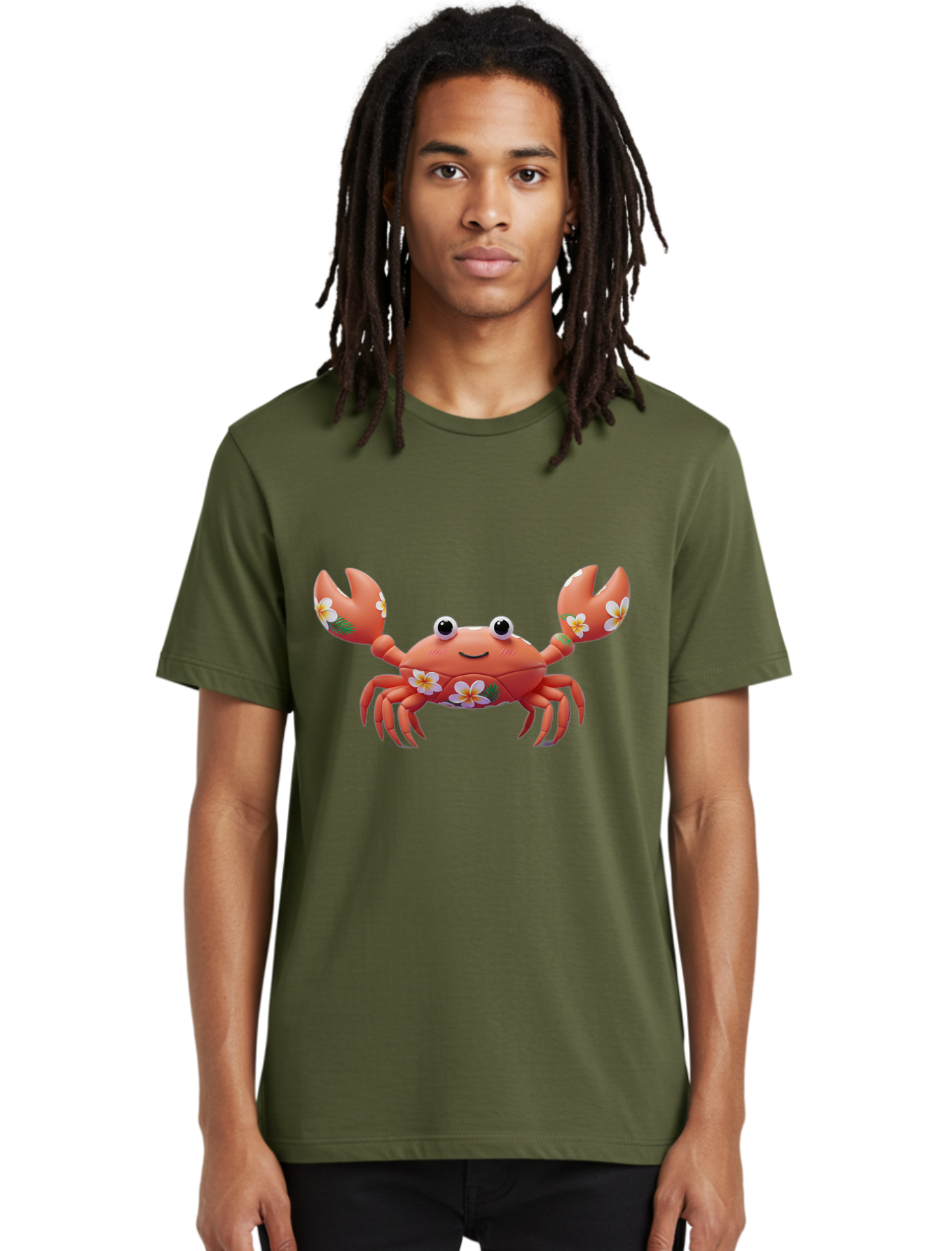 Crab-With-Flowers-1 Men'S Graphic Tee, 100% Cotton, Comfortable Casual Summer Wear, Machine Washable, Cartoon Crab, Floral Decoration, Orange Crustacean, Tropical Flowers, Smiling Face, Cute Design, Beach Theme, Island Vibes, Playful Character Bae164