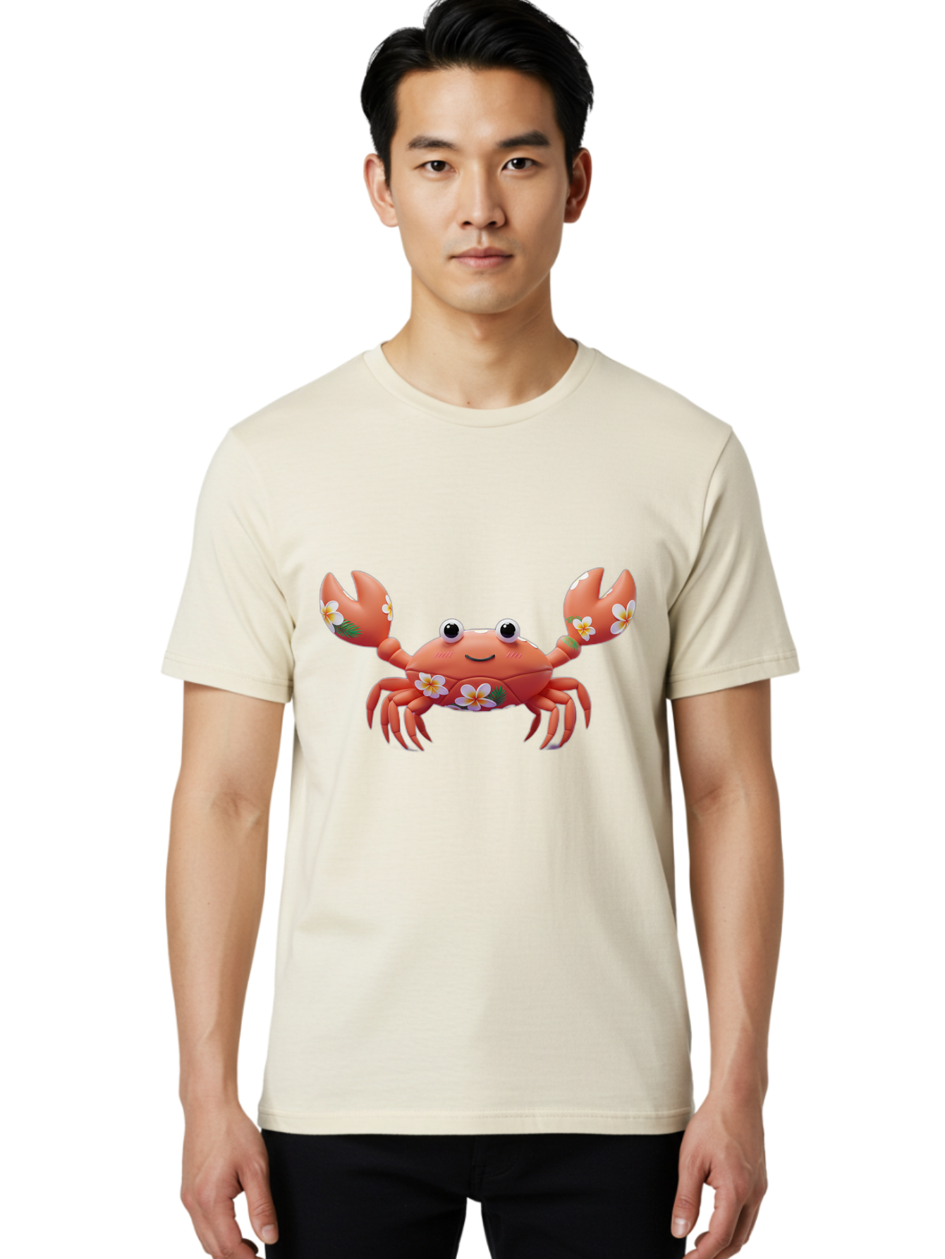 Crab-With-Flowers-1 Men'S Graphic Tee, 100% Cotton, Comfortable Casual Summer Wear, Machine Washable, Cartoon Crab, Floral Decoration, Orange Crustacean, Tropical Flowers, Smiling Face, Cute Design, Beach Theme, Island Vibes, Playful Character Bae164