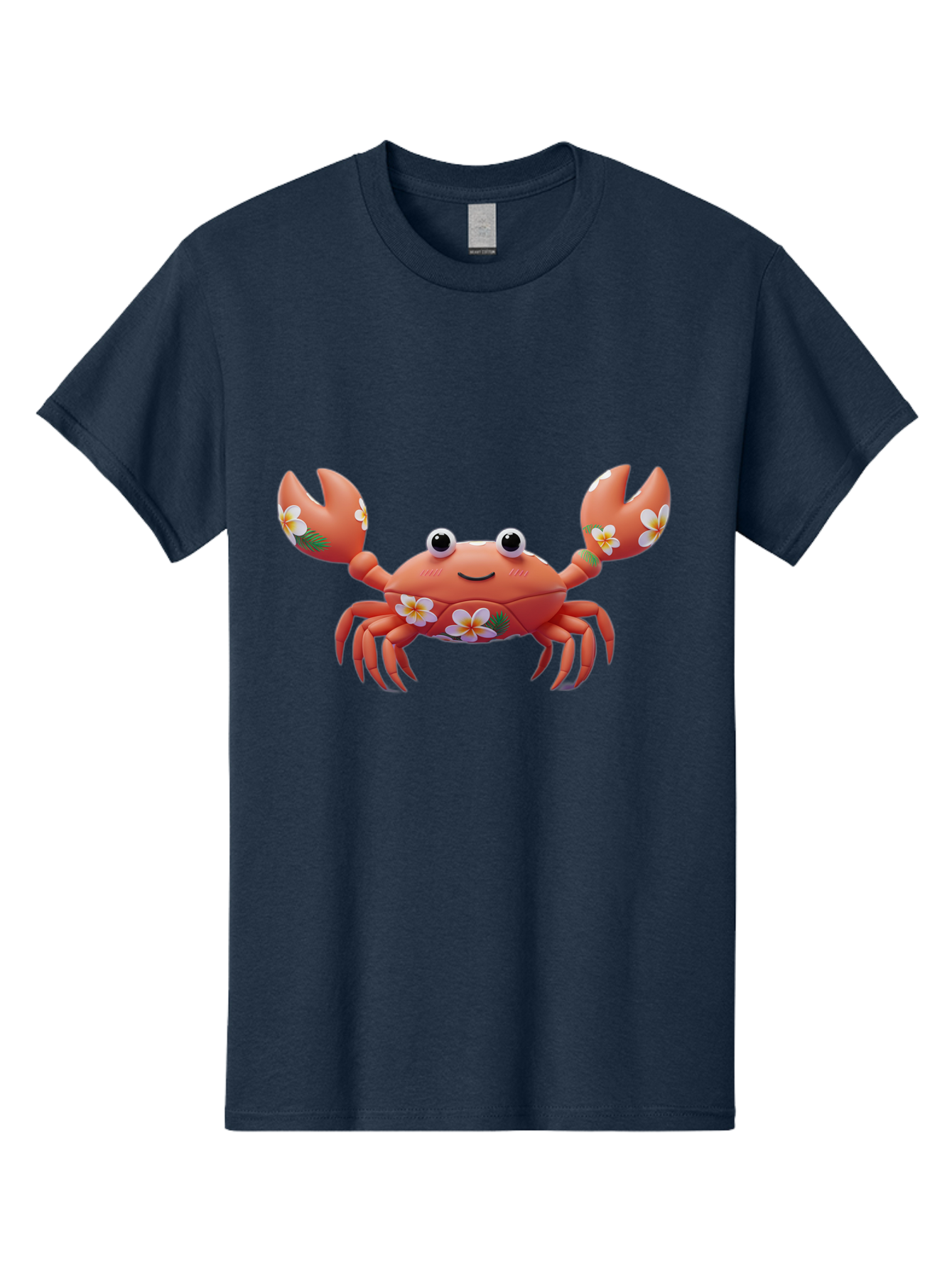 Crab-With-Flowers-1 Men'S Graphic Tee, 100% Cotton, Comfortable Casual Summer Wear, Machine Washable, Cartoon Crab, Floral Decoration, Orange Crustacean, Tropical Flowers, Smiling Face, Cute Design, Beach Theme, Island Vibes, Playful Character Bae164