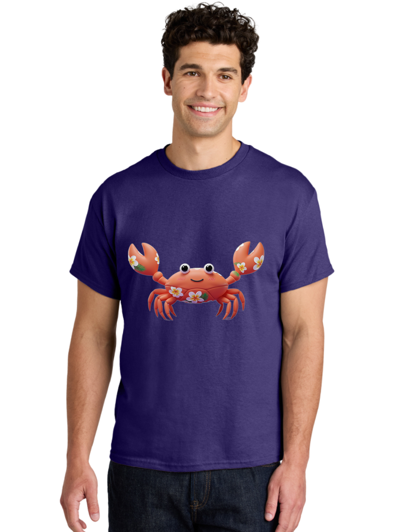 Crab-With-Flowers-1 Men'S Graphic Tee, 100% Cotton, Comfortable Casual Summer Wear, Machine Washable, Cartoon Crab, Floral Decoration, Orange Crustacean, Tropical Flowers, Smiling Face, Cute Design, Beach Theme, Island Vibes, Playful Character Bae164