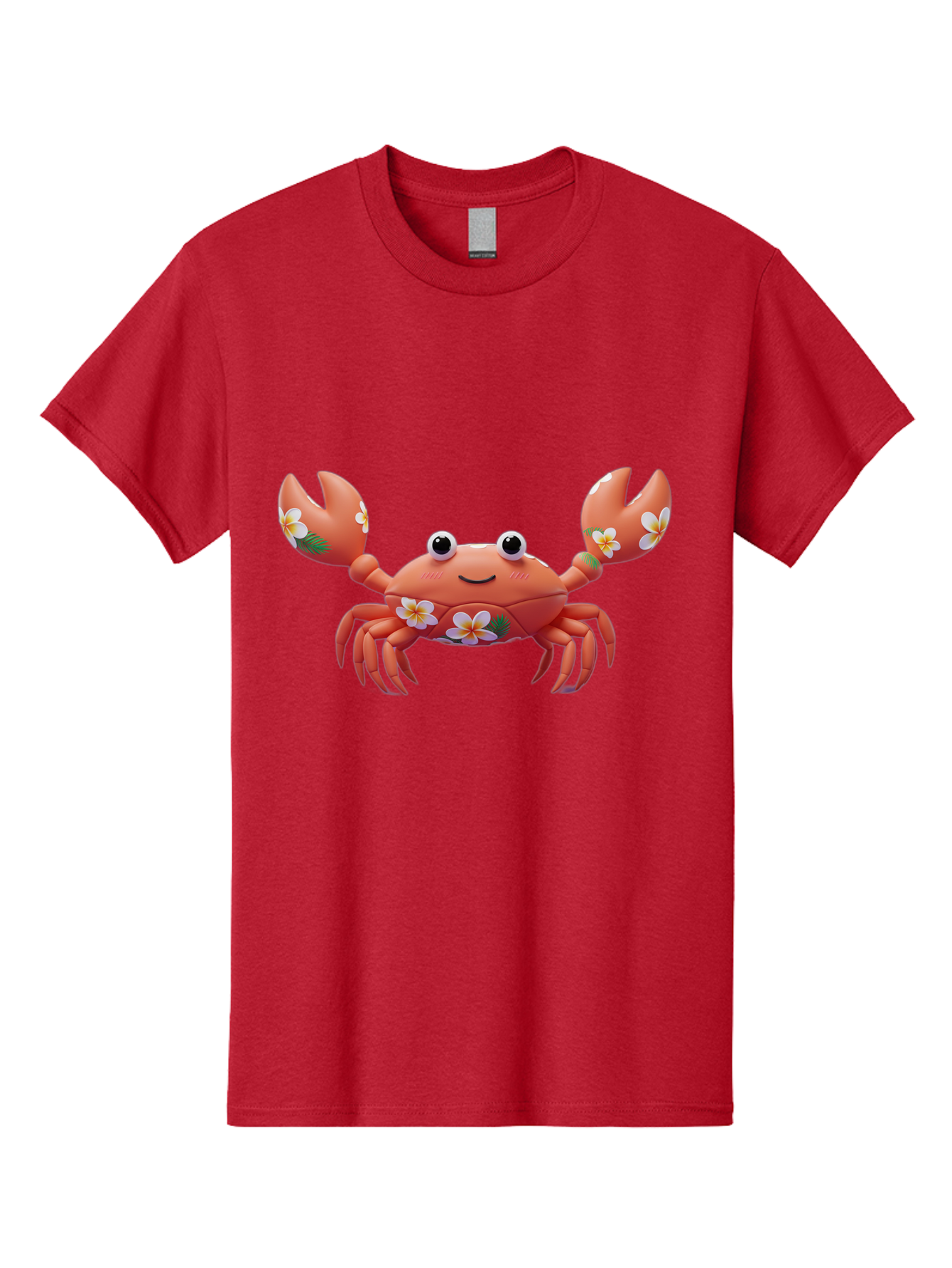 Crab-With-Flowers-1 Men'S Graphic Tee, 100% Cotton, Comfortable Casual Summer Wear, Machine Washable, Cartoon Crab, Floral Decoration, Orange Crustacean, Tropical Flowers, Smiling Face, Cute Design, Beach Theme, Island Vibes, Playful Character Bae164